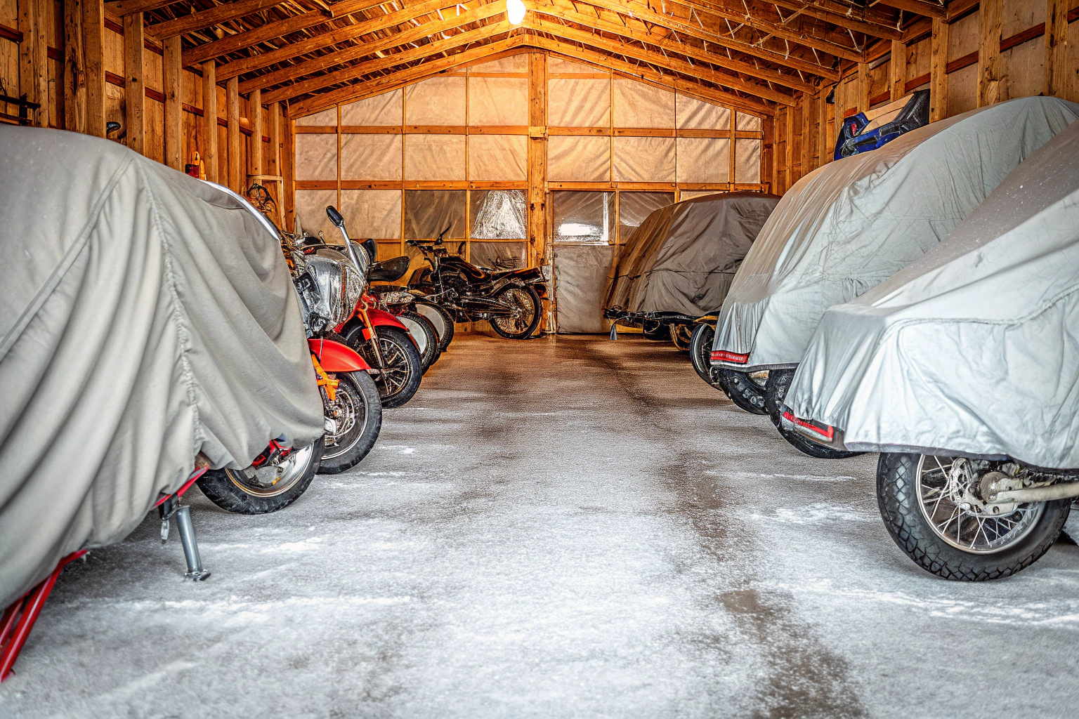 Eine Motorradgarage mit mehreren Motorrädern, die für den Winter abgedeckt sind. Motorradgarage im Winter