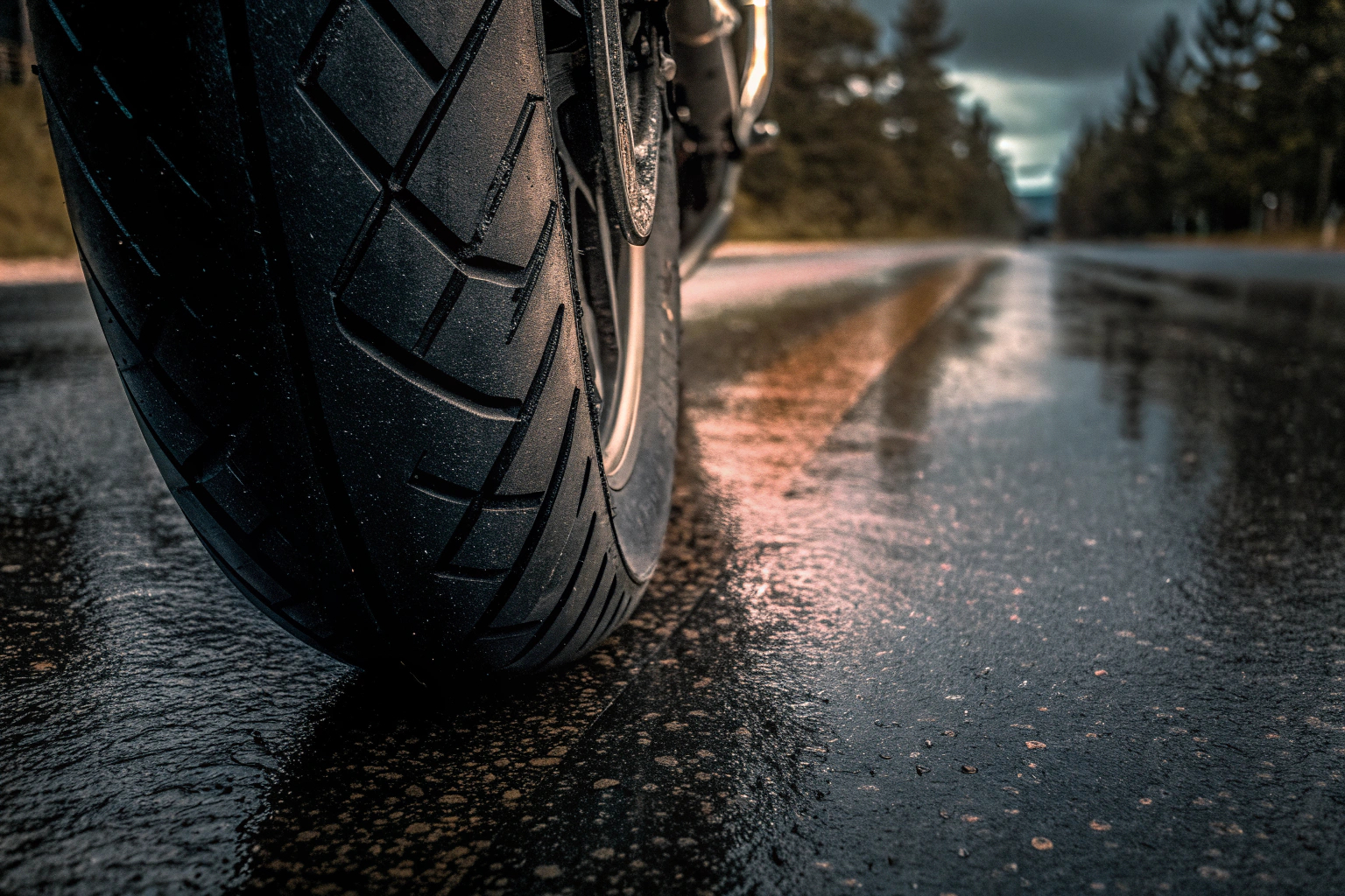 Eine Nahaufnahme von Motorradreifen auf einer nassen Straße. Motorradreifen auf nasser Straße