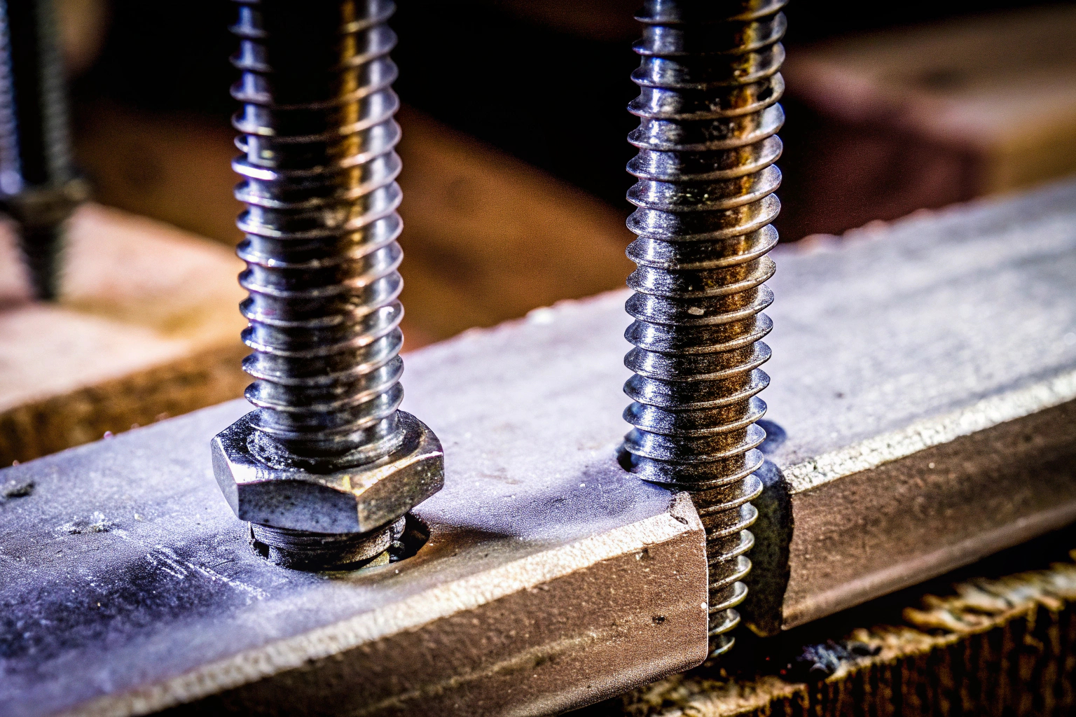 Eine Nahaufnahme von selbstschneidenden Schrauben, die in einem Metallstück befestigt sind. Selbstschneidende Schrauben in Aktion
