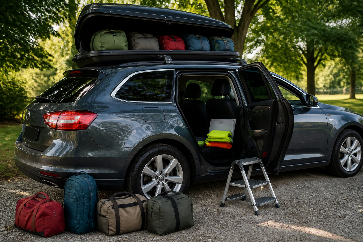 Dachbox sicher beladen mit Trittstufe und beschrifteten Packtaschen