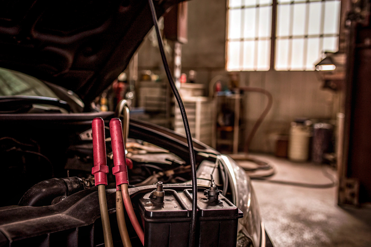 Eine Person, die die Motorhaube eines Autos geöffnet hat und die Batterie überprüft. Autobatterie überprüfen