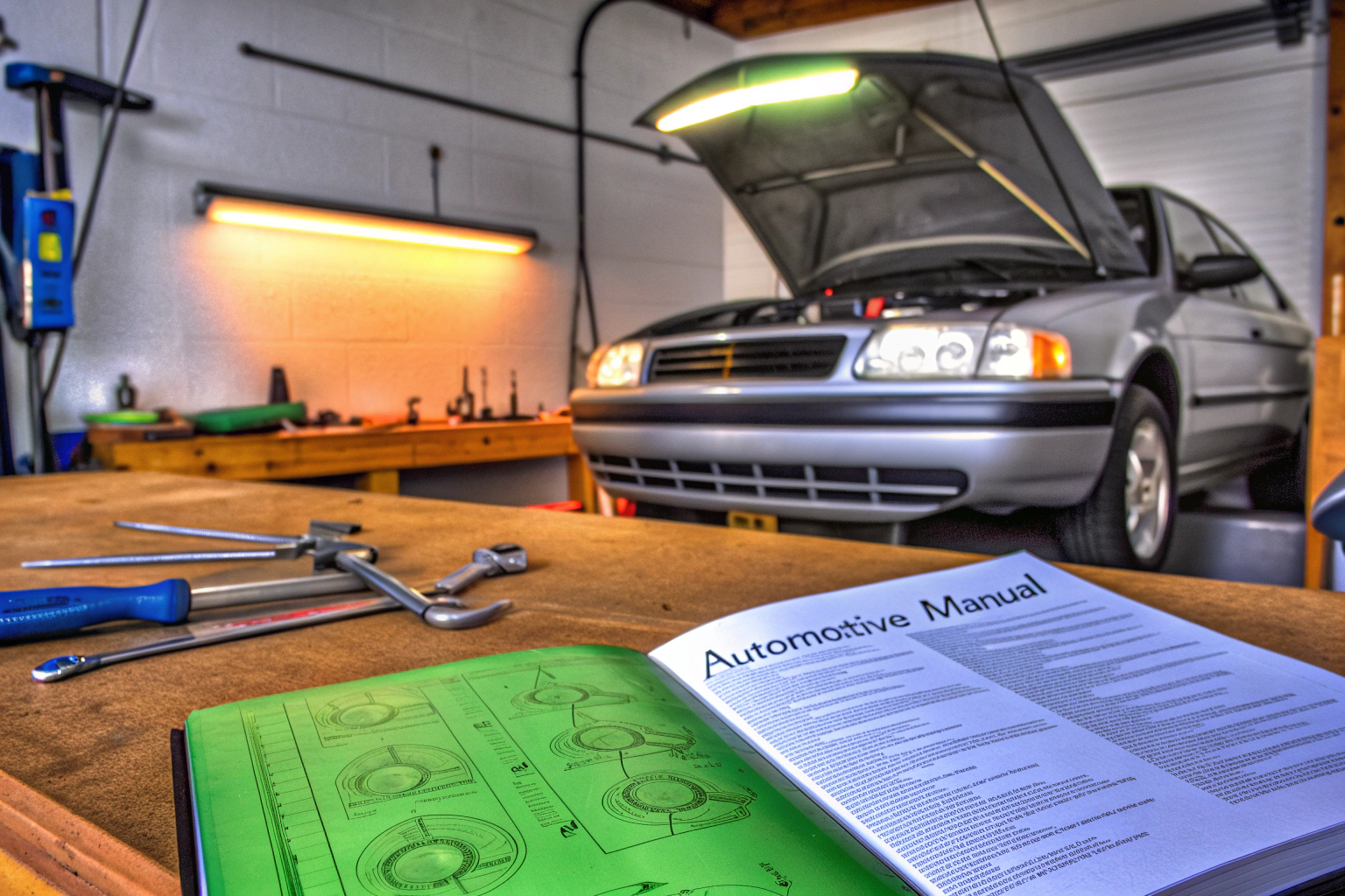 Eine Person, die eigenständig am Auto arbeitet und ein Autohandbuch zu Rate zieht. DIY Autoreparatur mit Handbuch