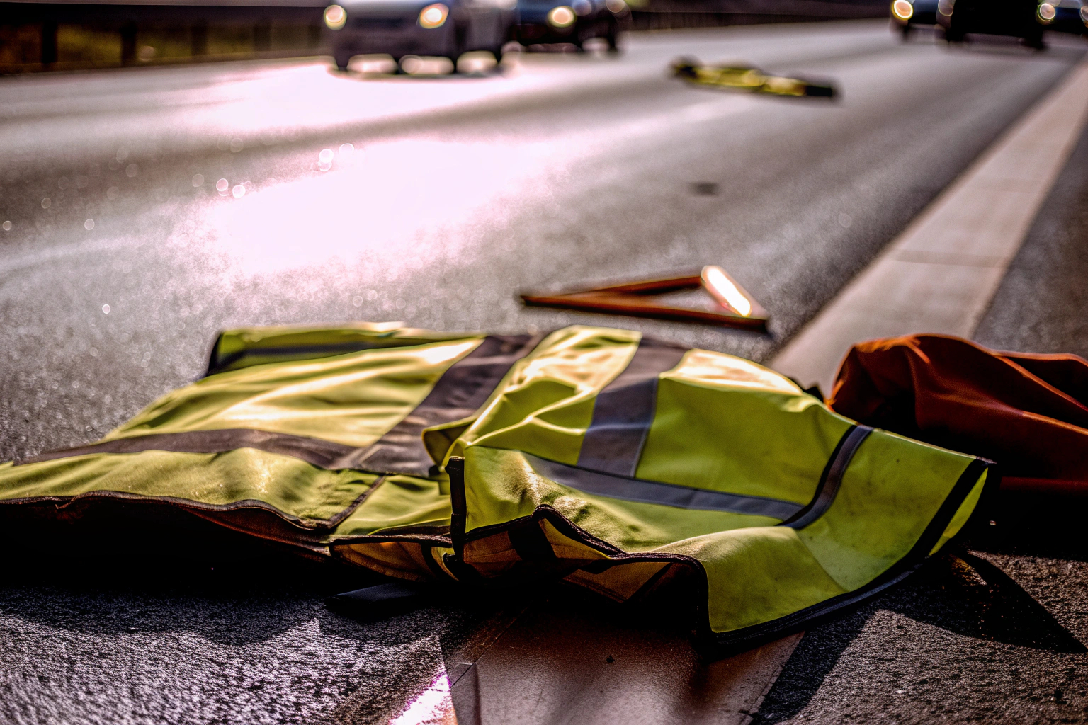 Eine reflektierende Warnweste, die bei einer Panne auf der Autobahn getragen wird. Warnweste bei Panne