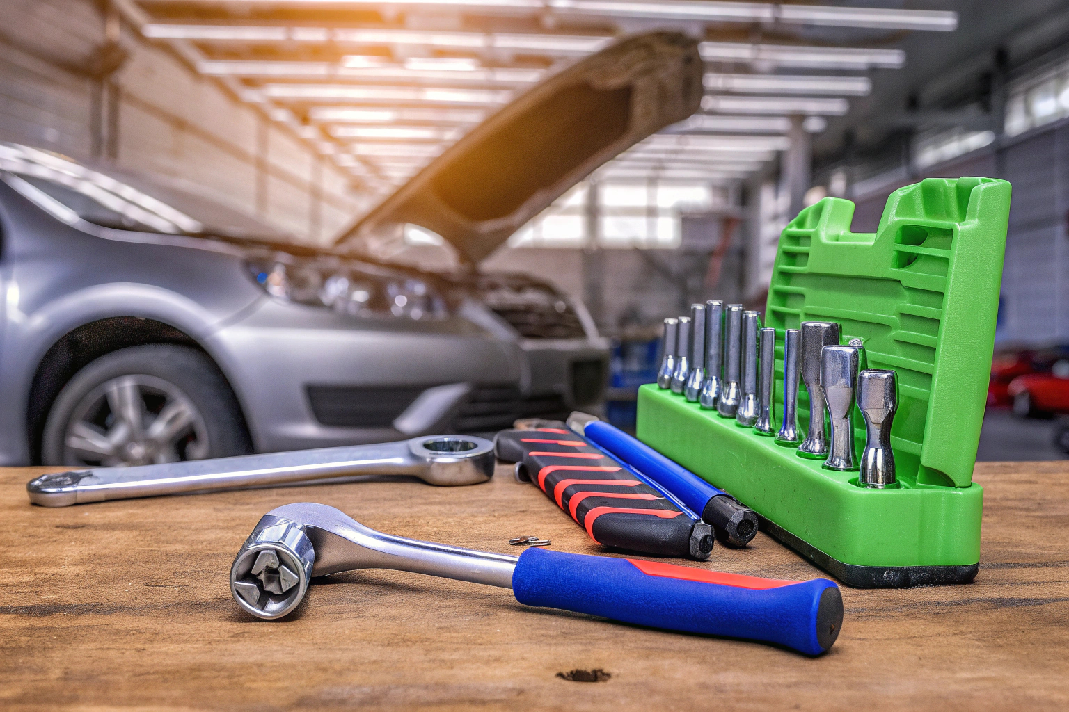 Eine Sammlung von Werkzeugen, die zum Arbeiten mit Autoschrauben benötigt werden. Werkzeuge für Autoschrauben