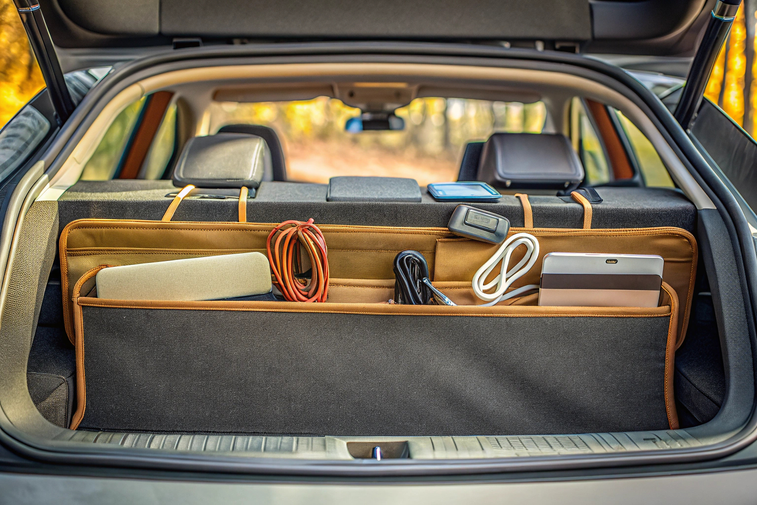 Eine selbsthaftende Kabeltasche im Kofferraum eines Elektroautos, die Ordnung schafft. Elektroauto Kabeltasche im Kofferraum