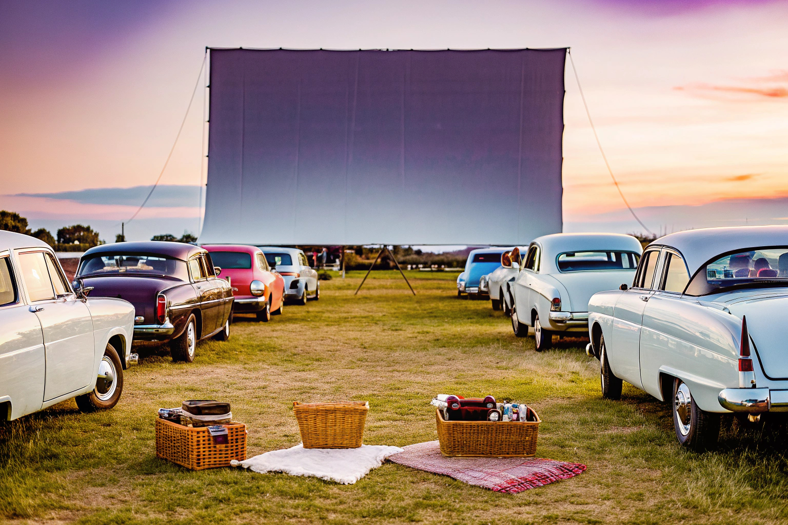 Autokino mit Leinwand und Autos