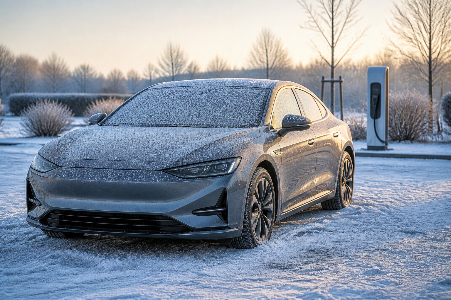 Elektroauto im Winter mit Frost und Ladestation