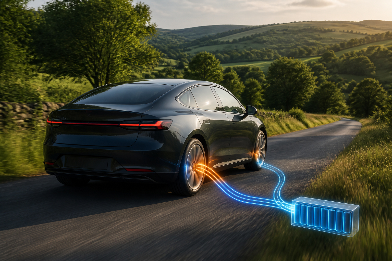 Rekuperation beim Elektroauto auf einer Landstraße