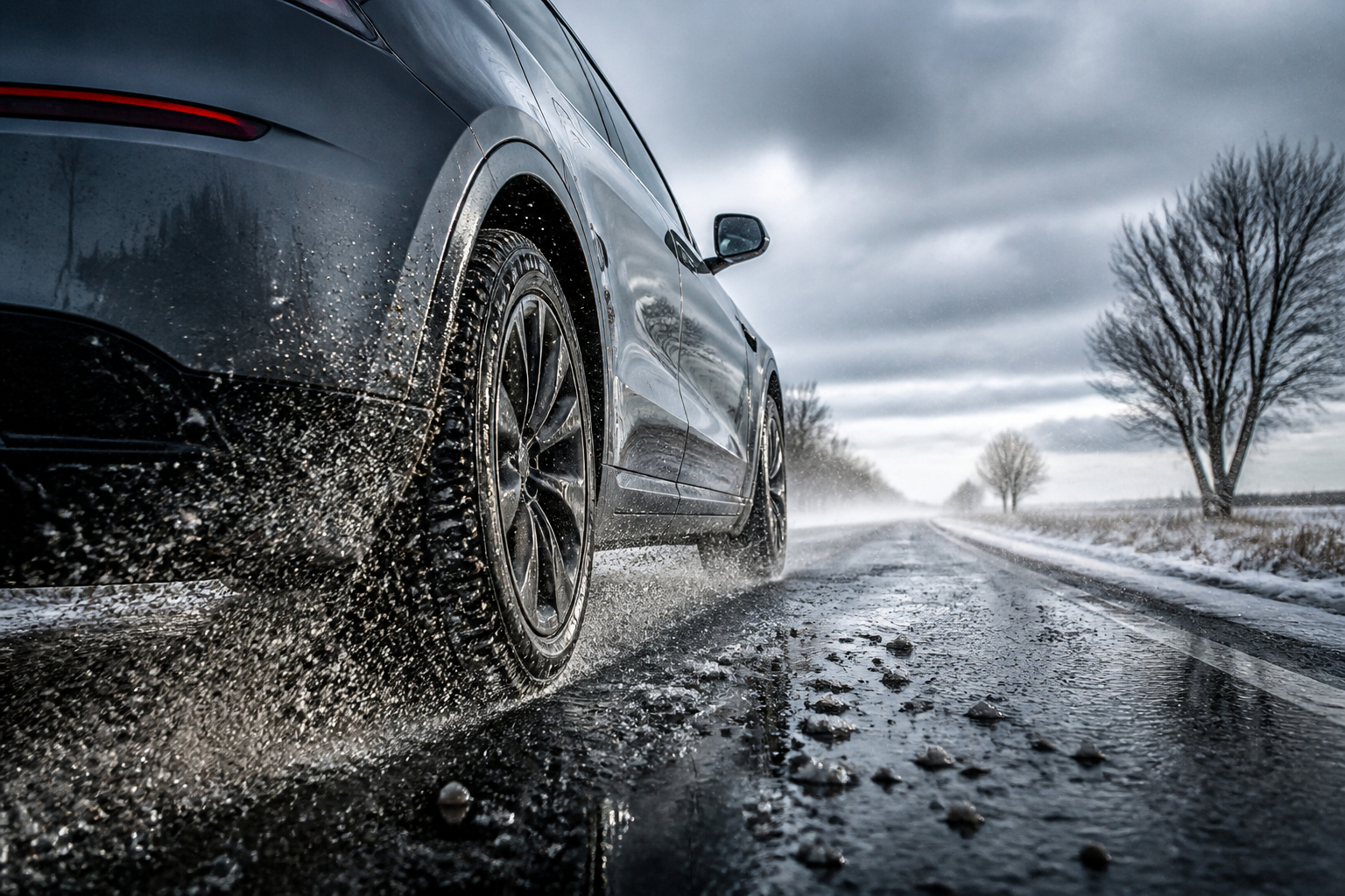 Winterreifen und nasse Fahrbahn beim Elektroauto