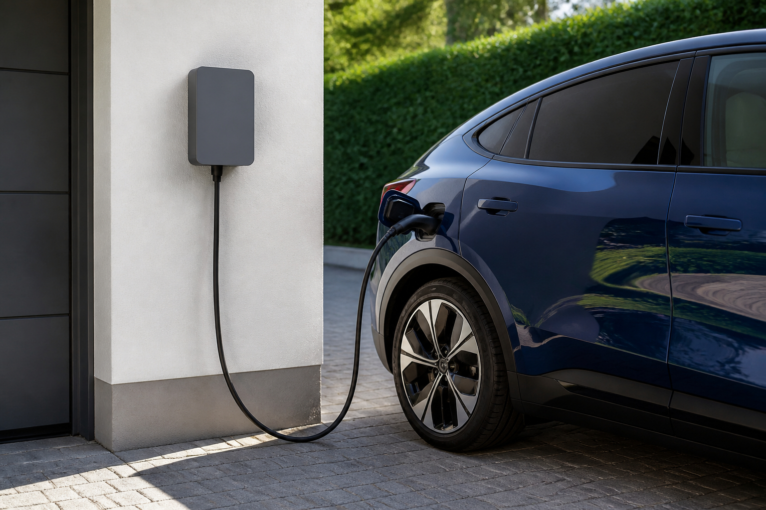 Elektroauto mit fünf Meter Typ 2 Ladekabel an Wallbox