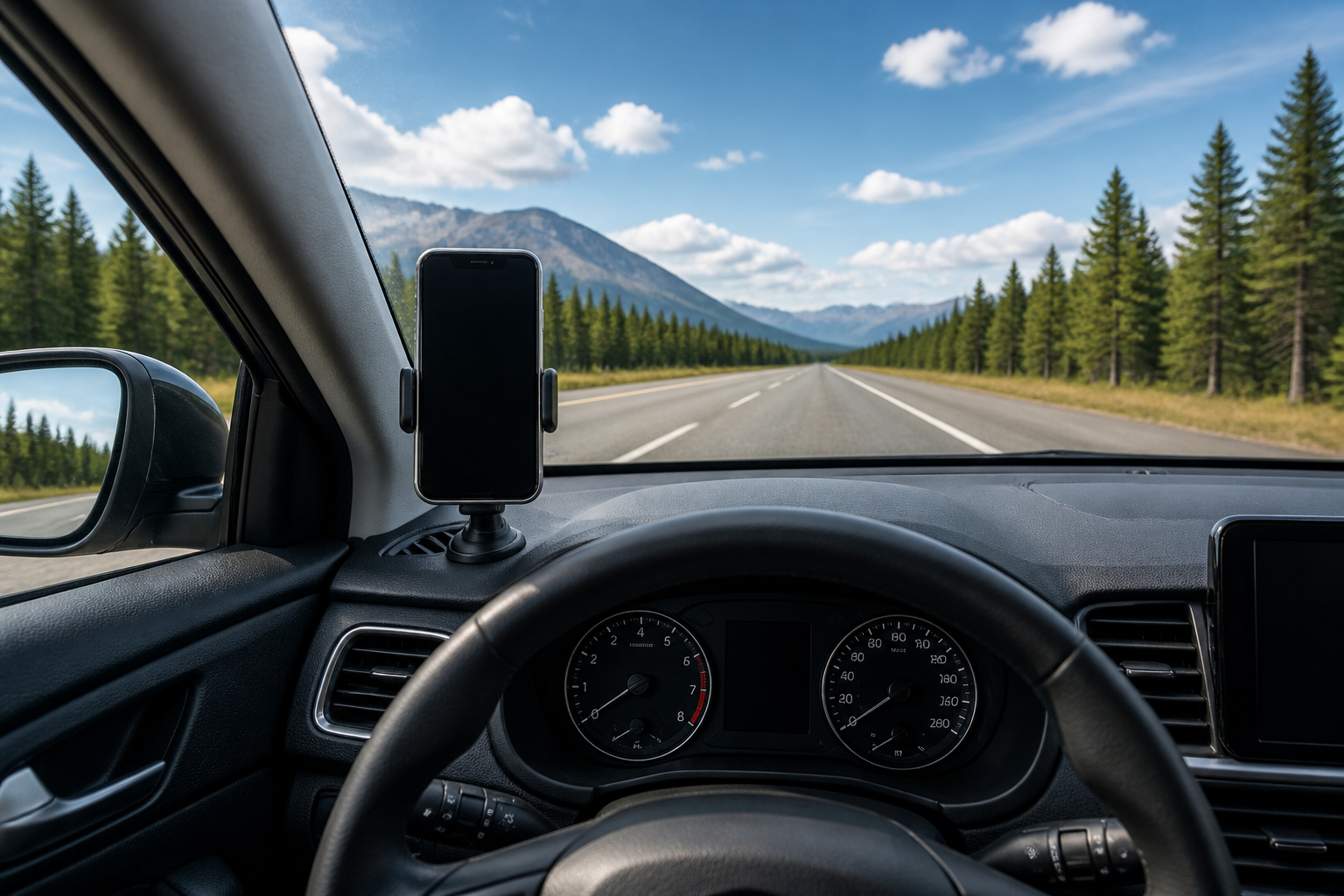 Sicher montierte Handyhalterung im Auto mit freiem Sichtfeld