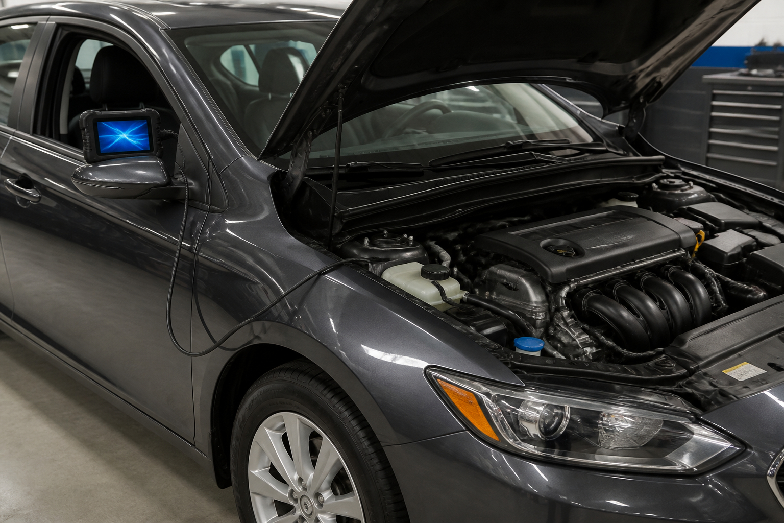 Auto mit angeschlossenem OBD2 Diagnosegerät in der Garage