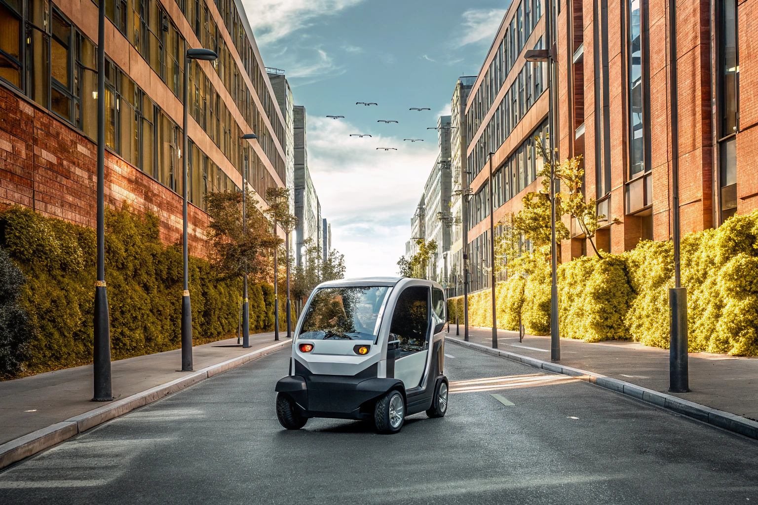 Futuristisches Konzept eines selbstfahrenden Elektroautos, das durch eine Stadt fährt. Selbstfahrendes Elektroauto Konzept