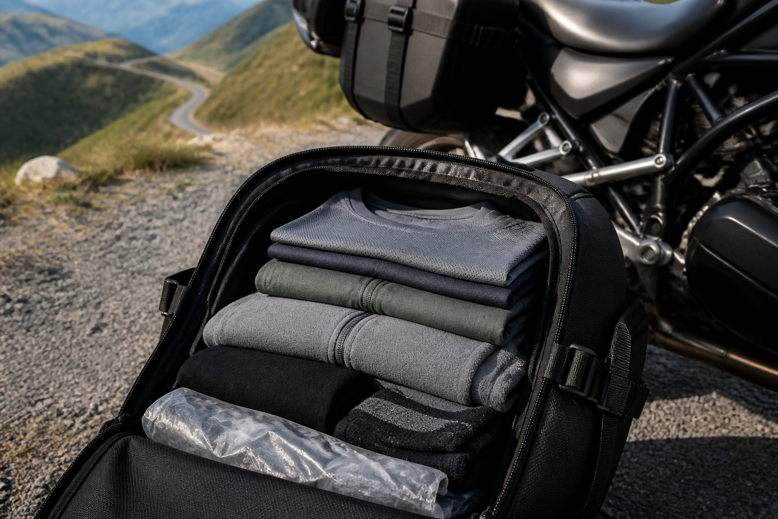 Packliste mit mehreren Kleidungsschichten für eine Motorradtour