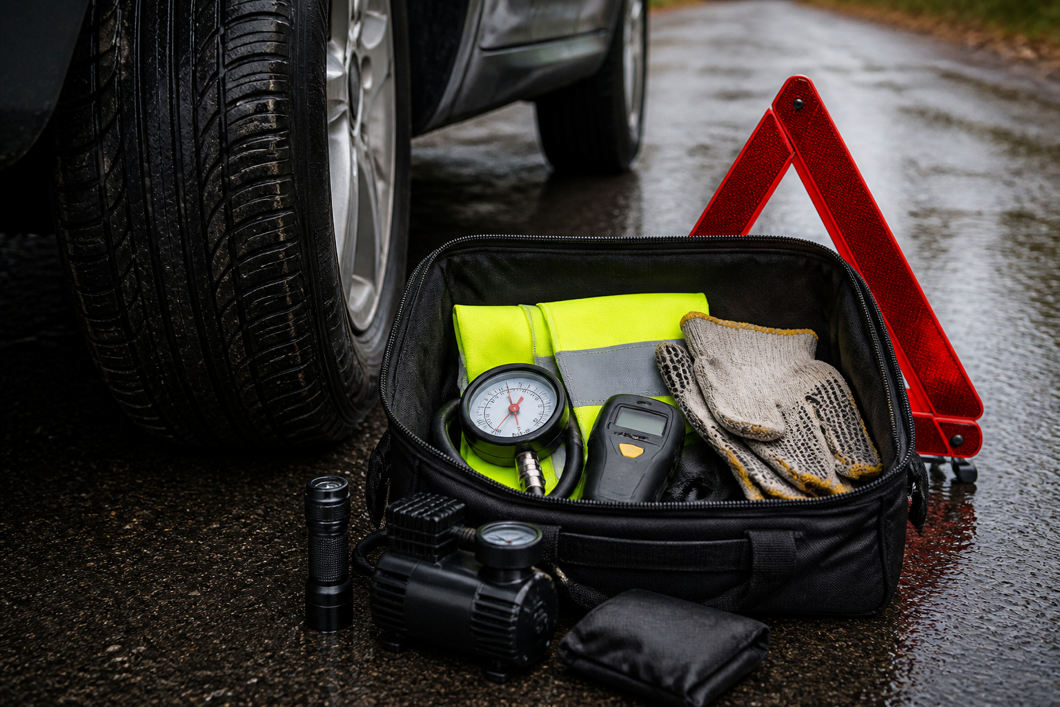 Werkzeug und Reifenprüfer für die Sicherheitskontrolle am Auto