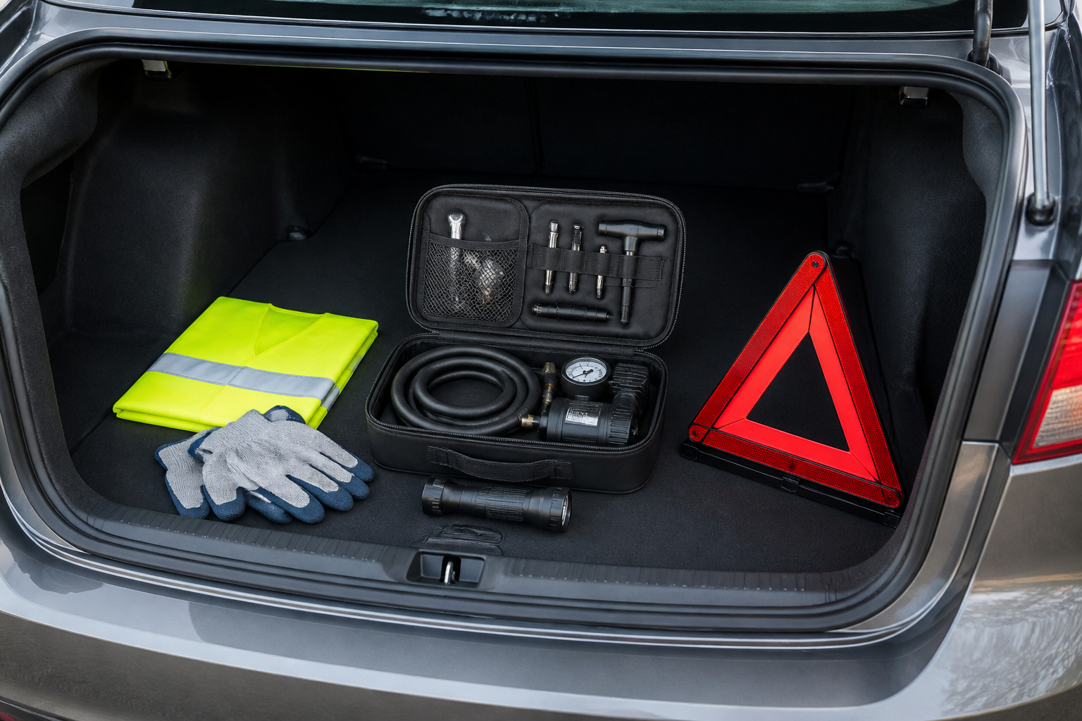 Notfallausrüstung und Reifenpannenset im Autokofferraum