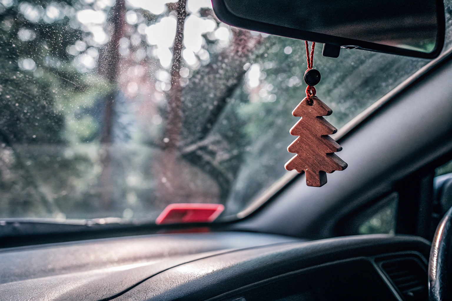 Holz-Lufterfrischer im Auto, der eine natürliche Atmosphäre schafft. Holz-Lufterfrischer im Auto