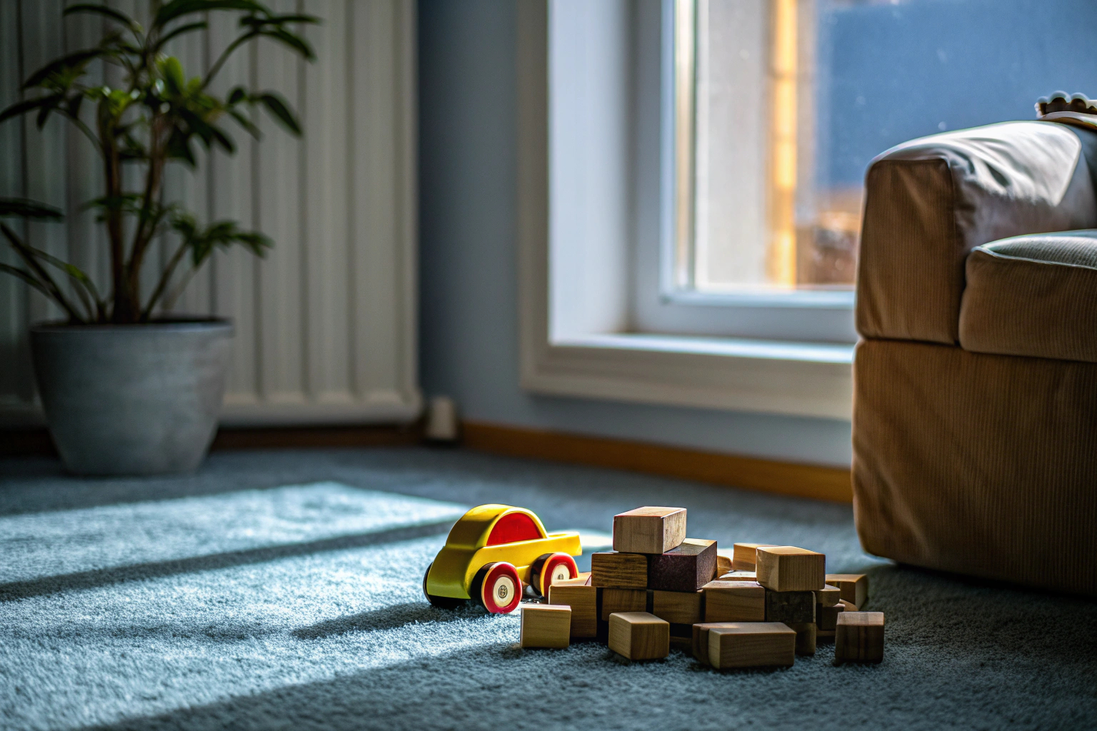 Kind spielt mit umweltfreundlichem Holzspielzeug auf dem Teppich. Umweltfreundliches Holzspielzeug