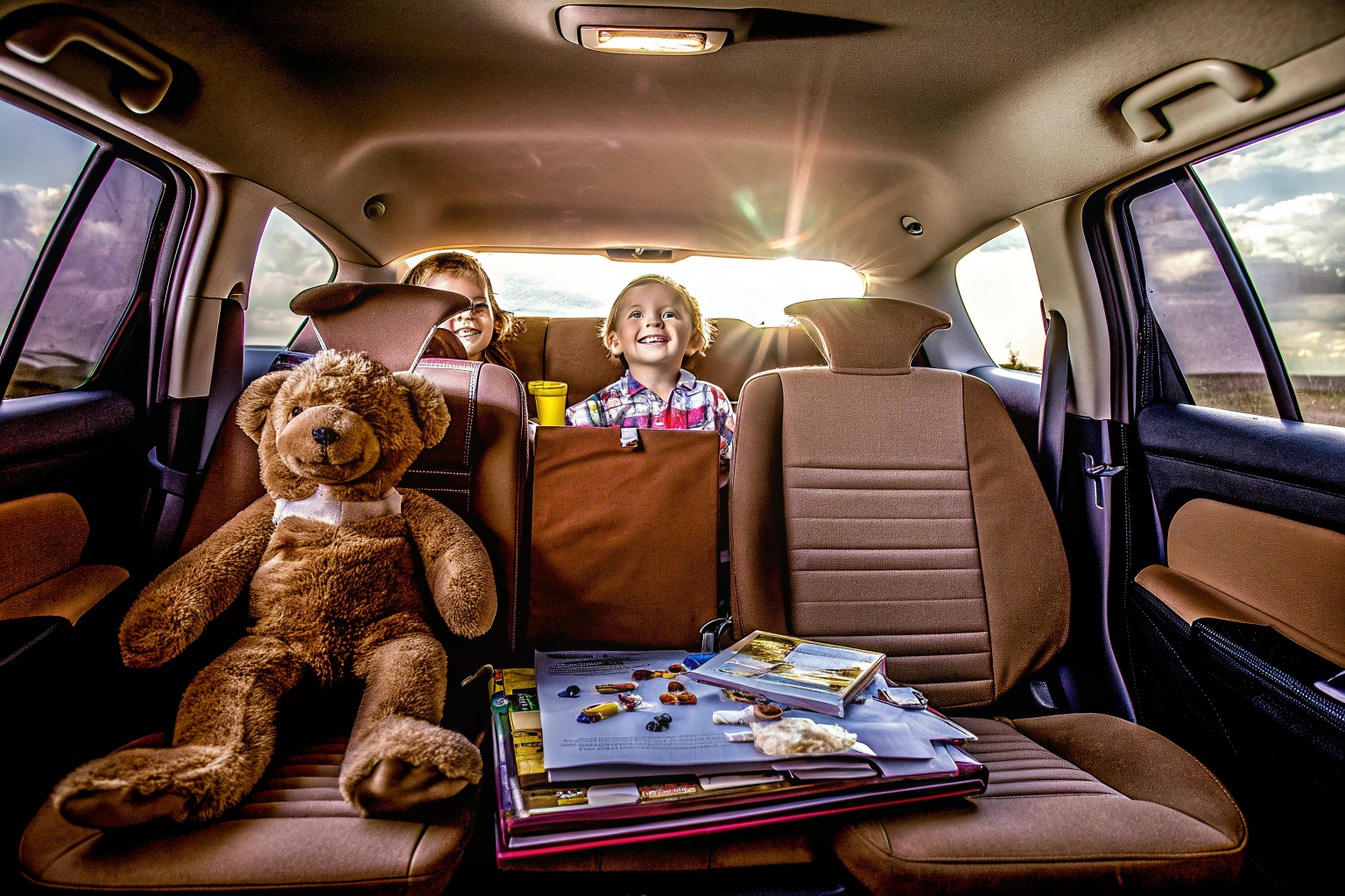 Kinder, die während einer Autofahrt Spiele spielen und Spaß haben. Kinder spielen Spiele während der Autofahrt