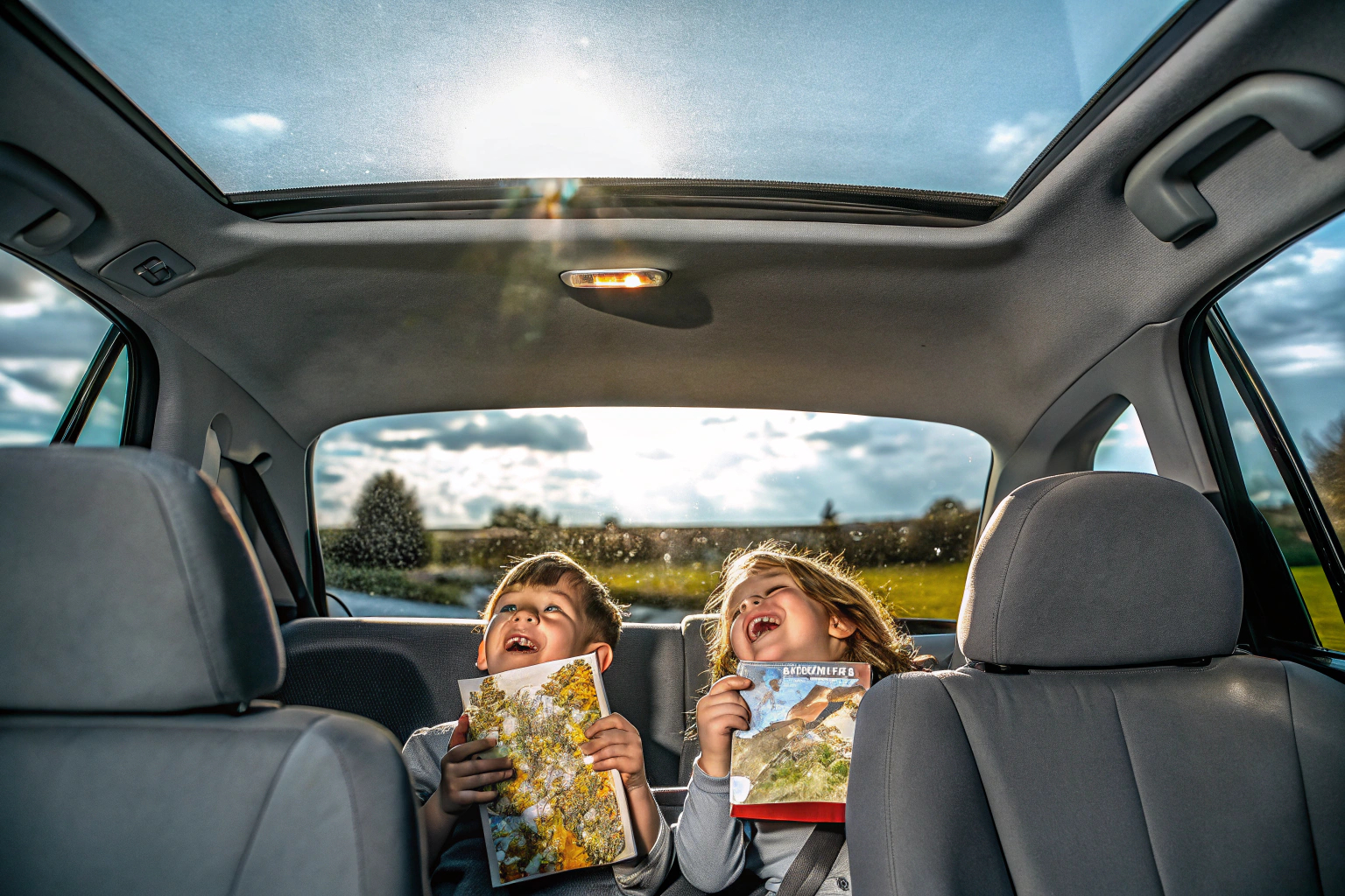 Kinder spielen Auto-Bingo während einer Autofahrt. Sie schauen aus dem Fenster und suchen nach Fahrzeugen oder Tieren. Kinder spielen Auto-Bingo im Auto