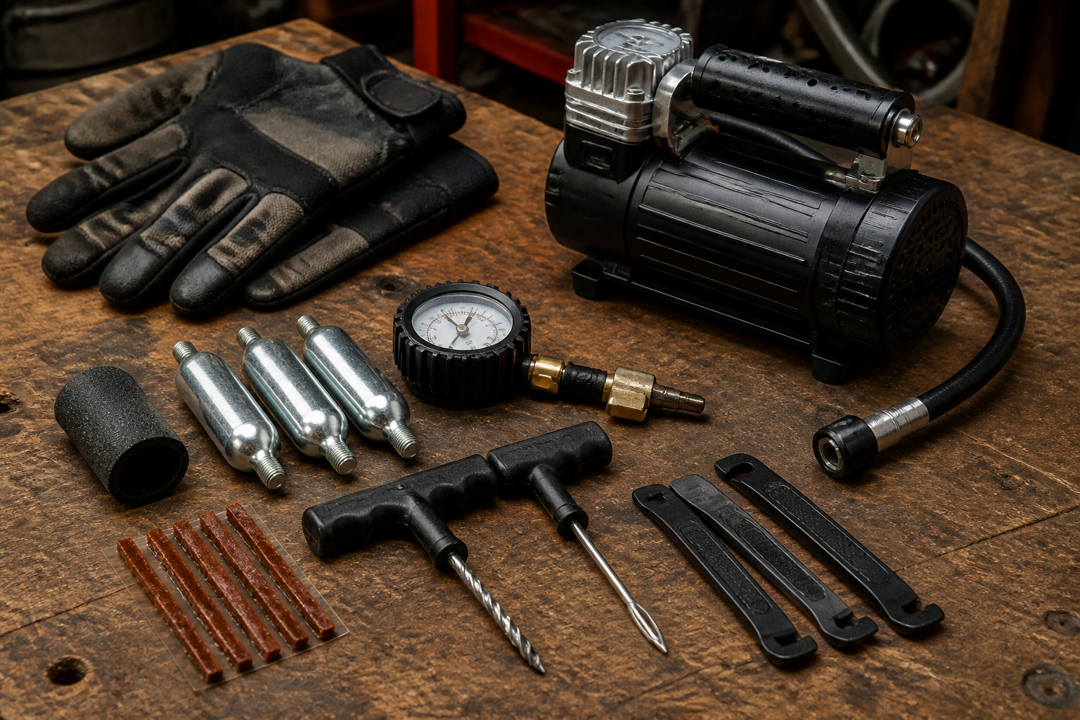 Motorrad Pannenset mit Kompressor und CO2 Kartuschen