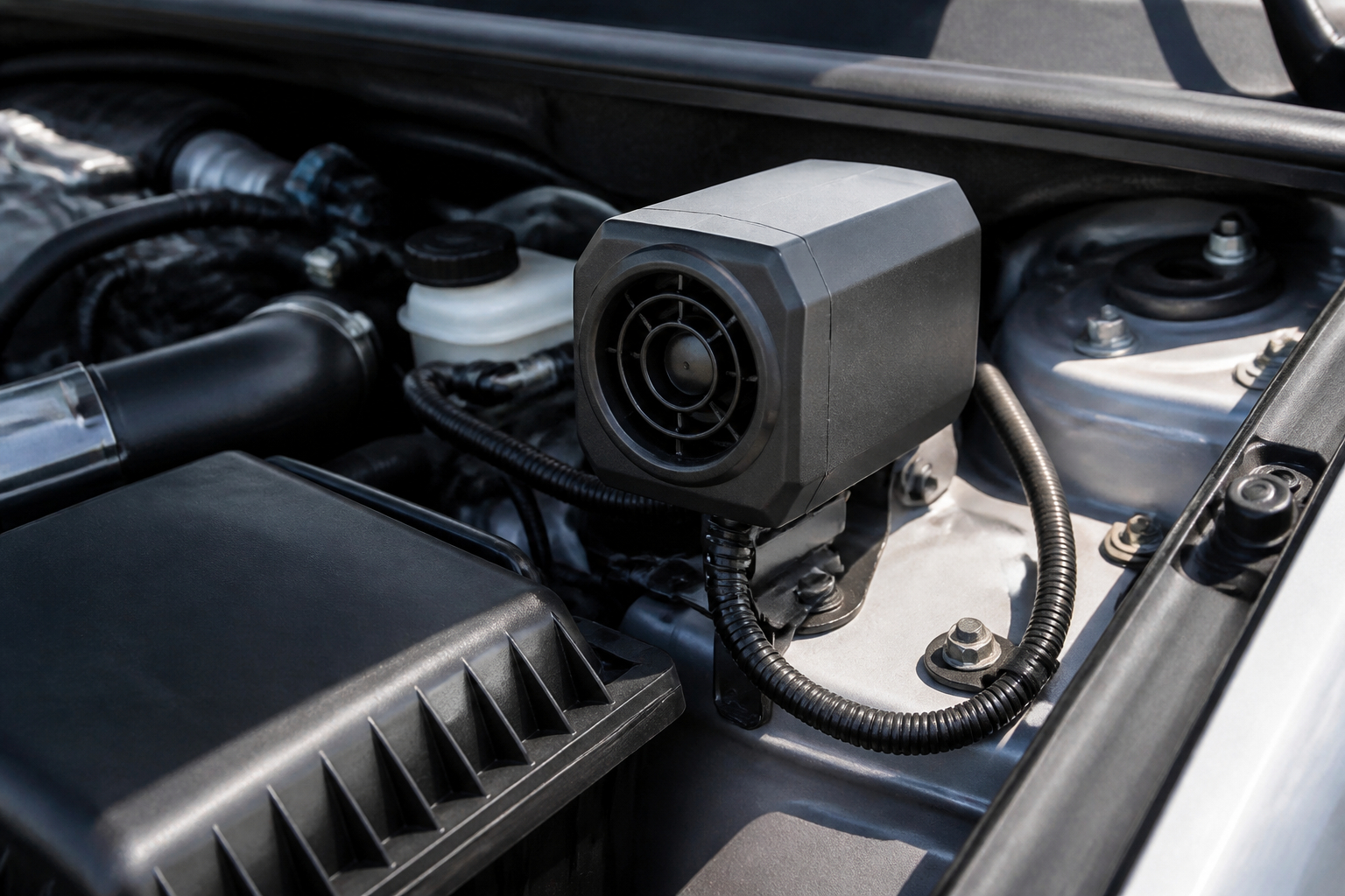Ultraschall Marderschreck wird im Motorraum eines Autos montiert