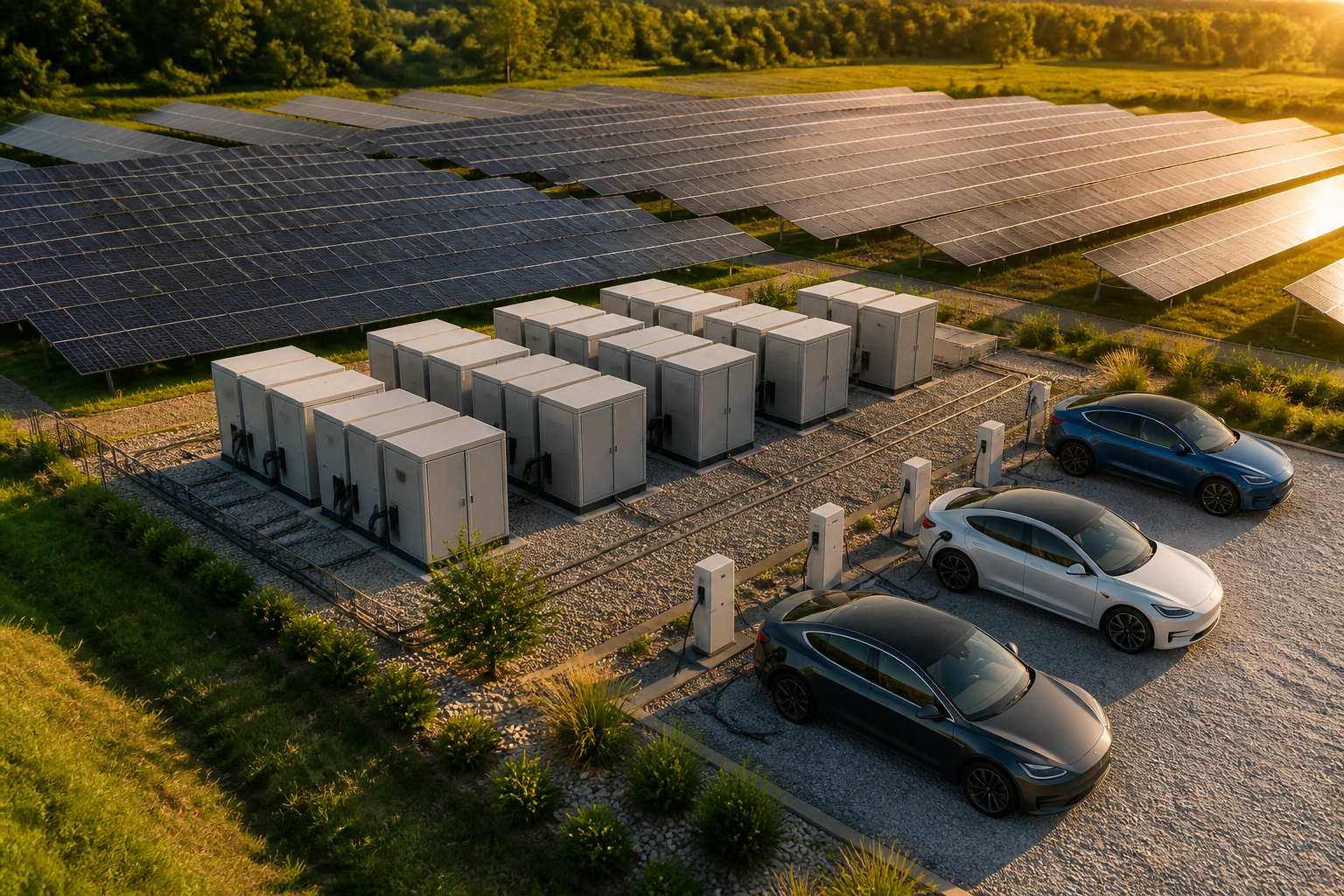 Solarpark mit Second-Life-Batteriespeicher und Elektroauto-Ladestation