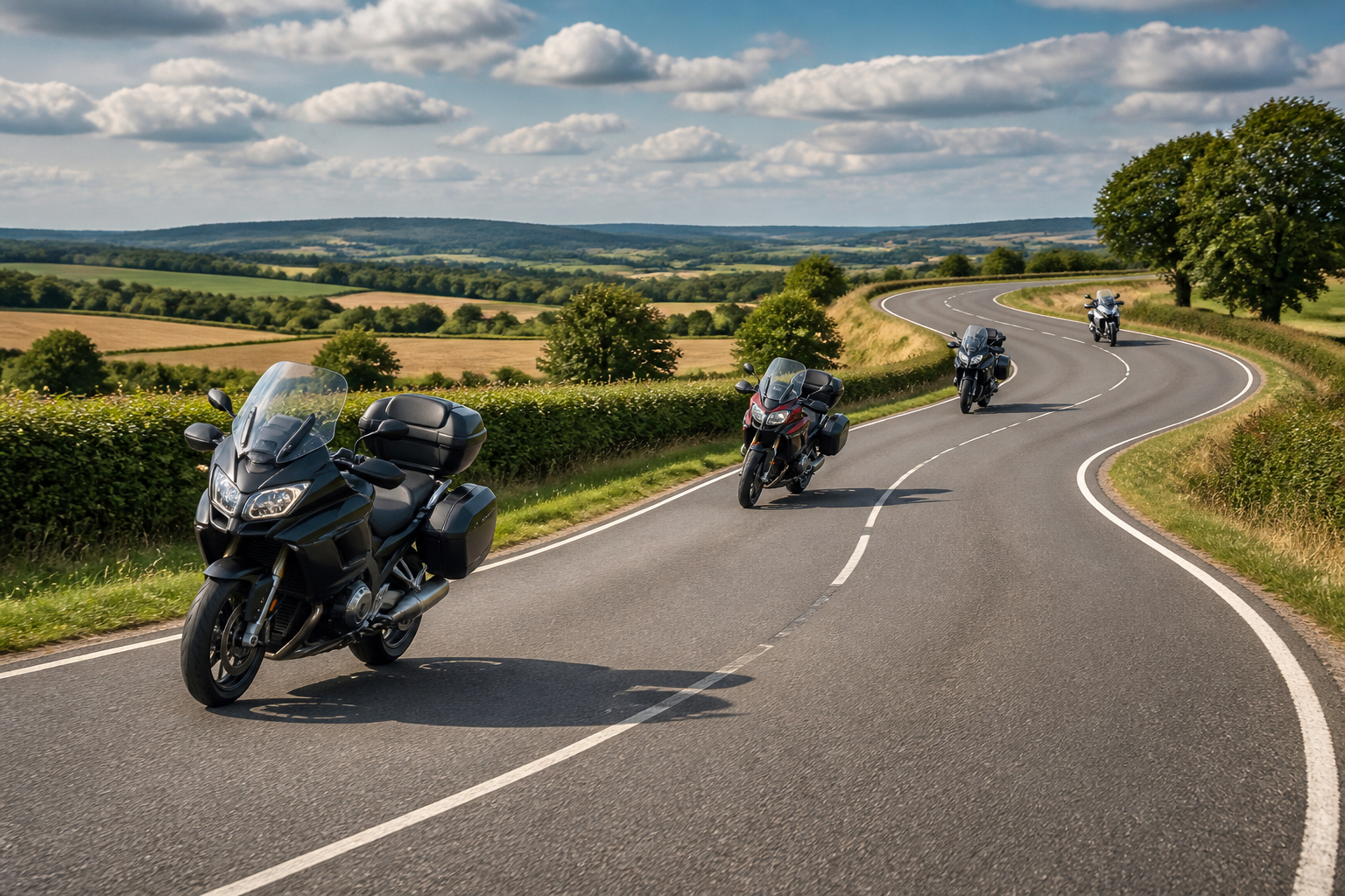 Motorradgruppe auf kurviger Landstrasse während einer gemeinsamen Tour