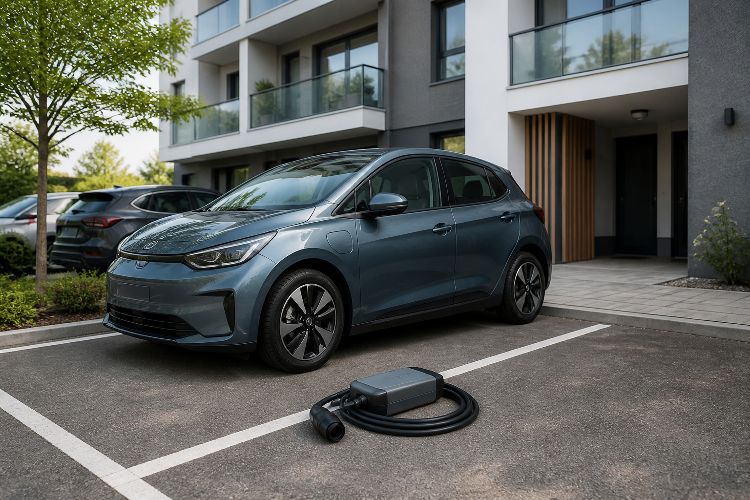 Elektroauto und mobile Wallbox am Stellplatz einer Mietwohnung