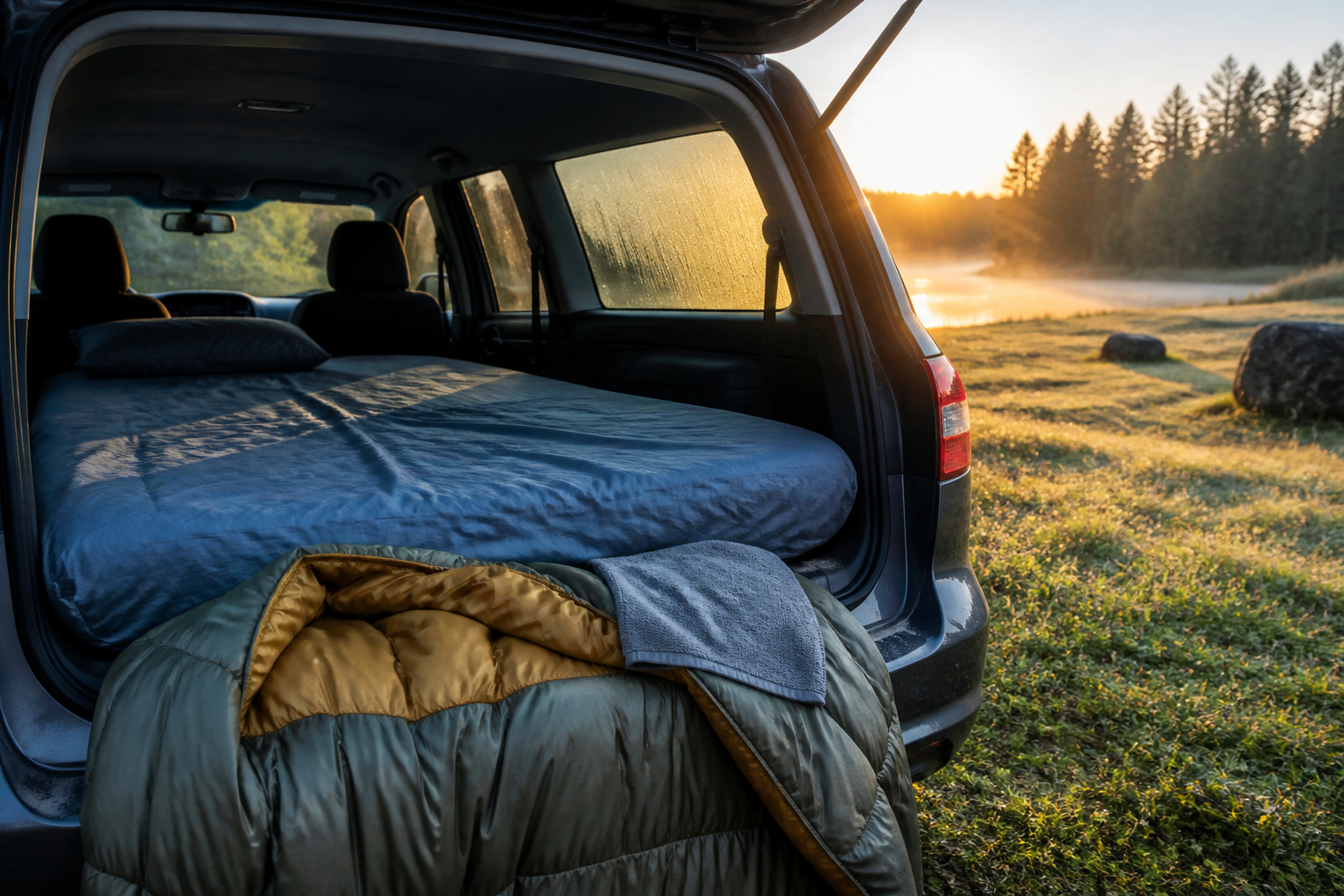 Matratze und Schlafsack nach einer Nacht im Auto lüften
