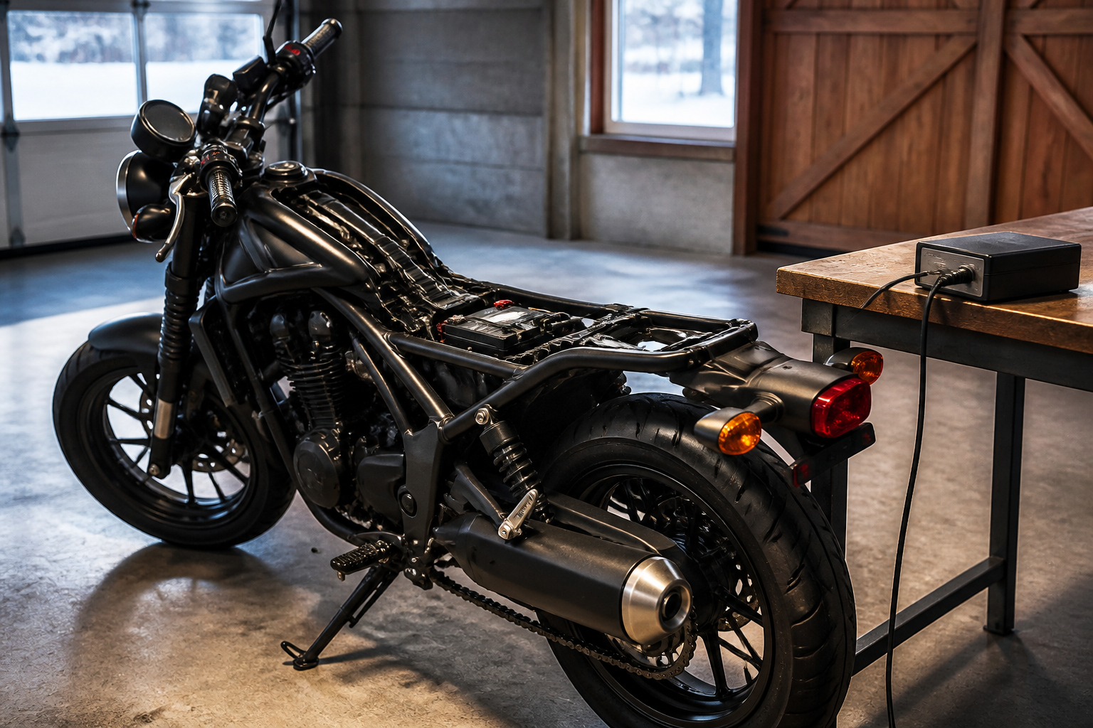 Motorrad mit Erhaltungsladegerät in der Wintergarage
