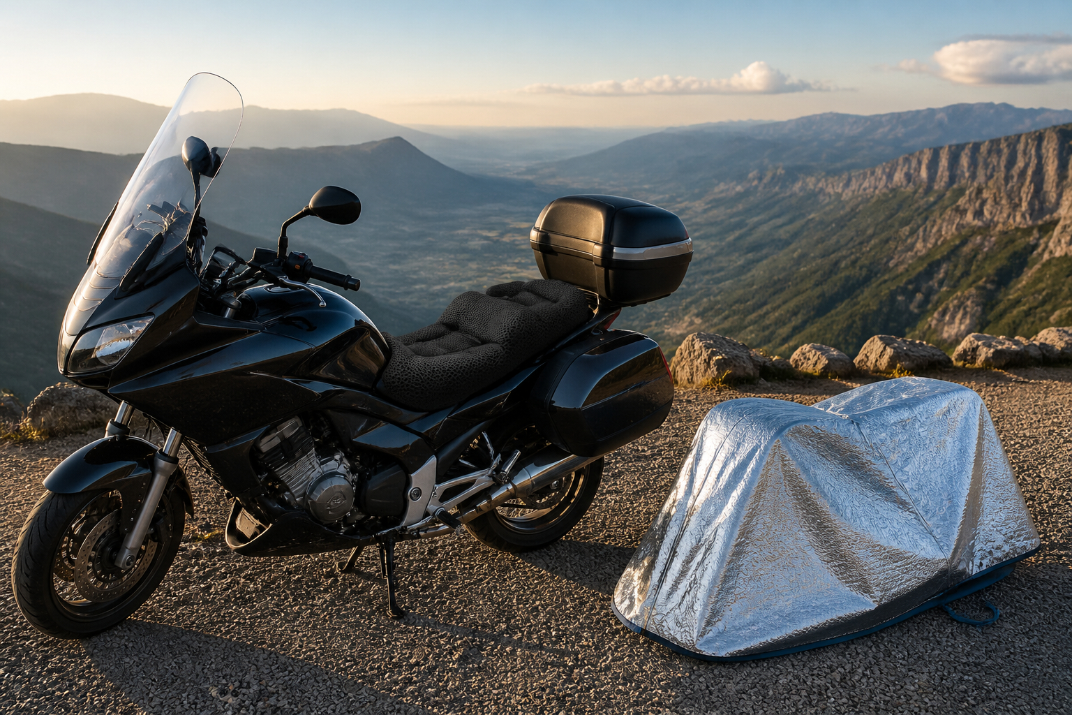 Motorrad Sitzkissen mit Sonnenschutz bei einer Tourpause