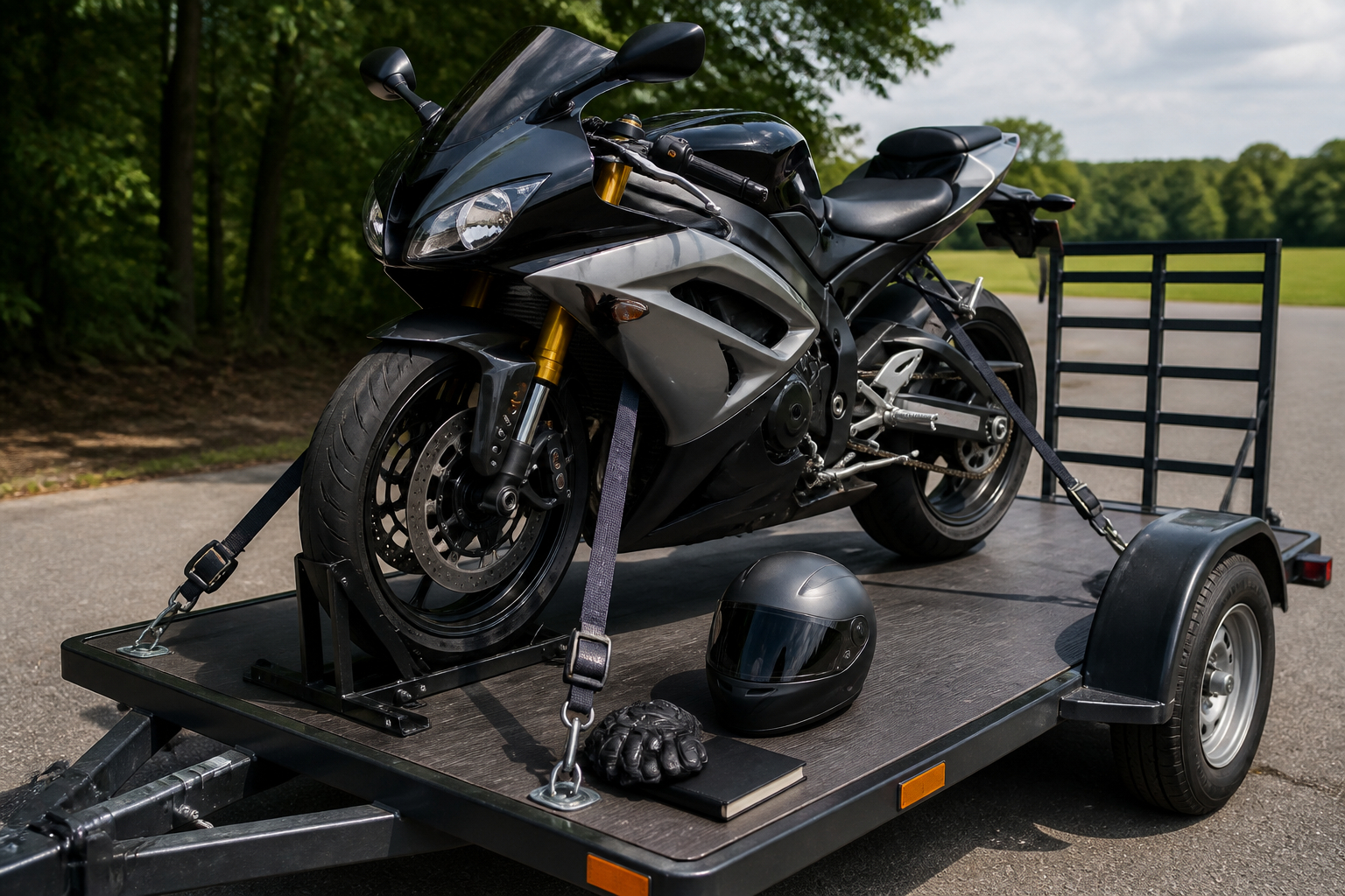 Motorrad mit Spanngurten sicher für den Transport befestigt