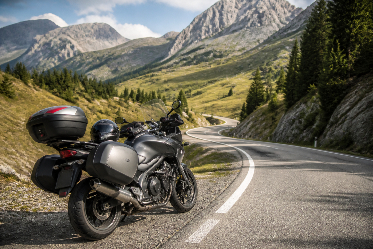 Motorradfahrer auf langer Tour mit Helm und Gehörschutz