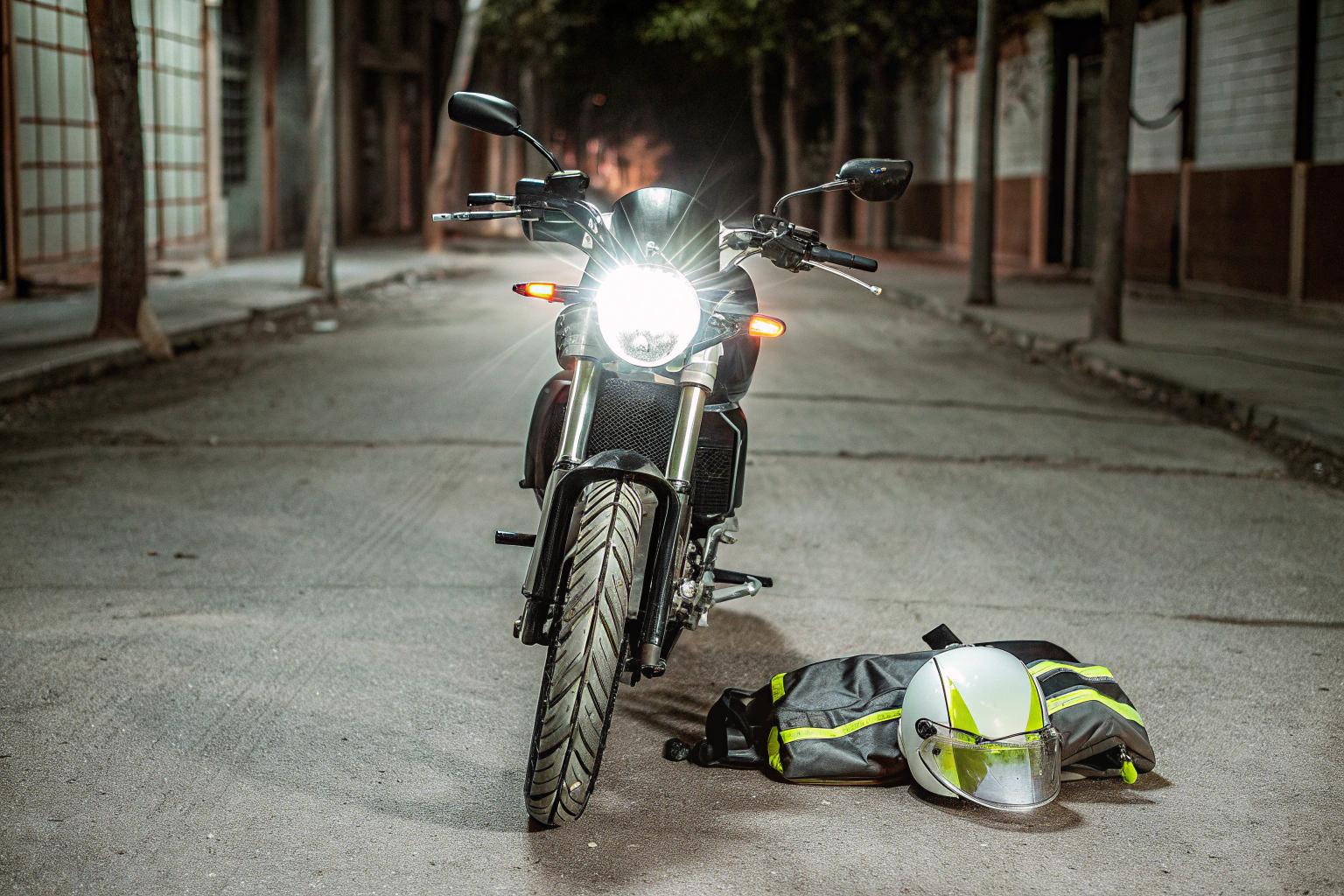 Motorradfahrer bei Nacht mit gut sichtbarer LED-Beleuchtung und reflektierender Kleidung. Motorradfahrer bei Nacht mit LED-Beleuchtung