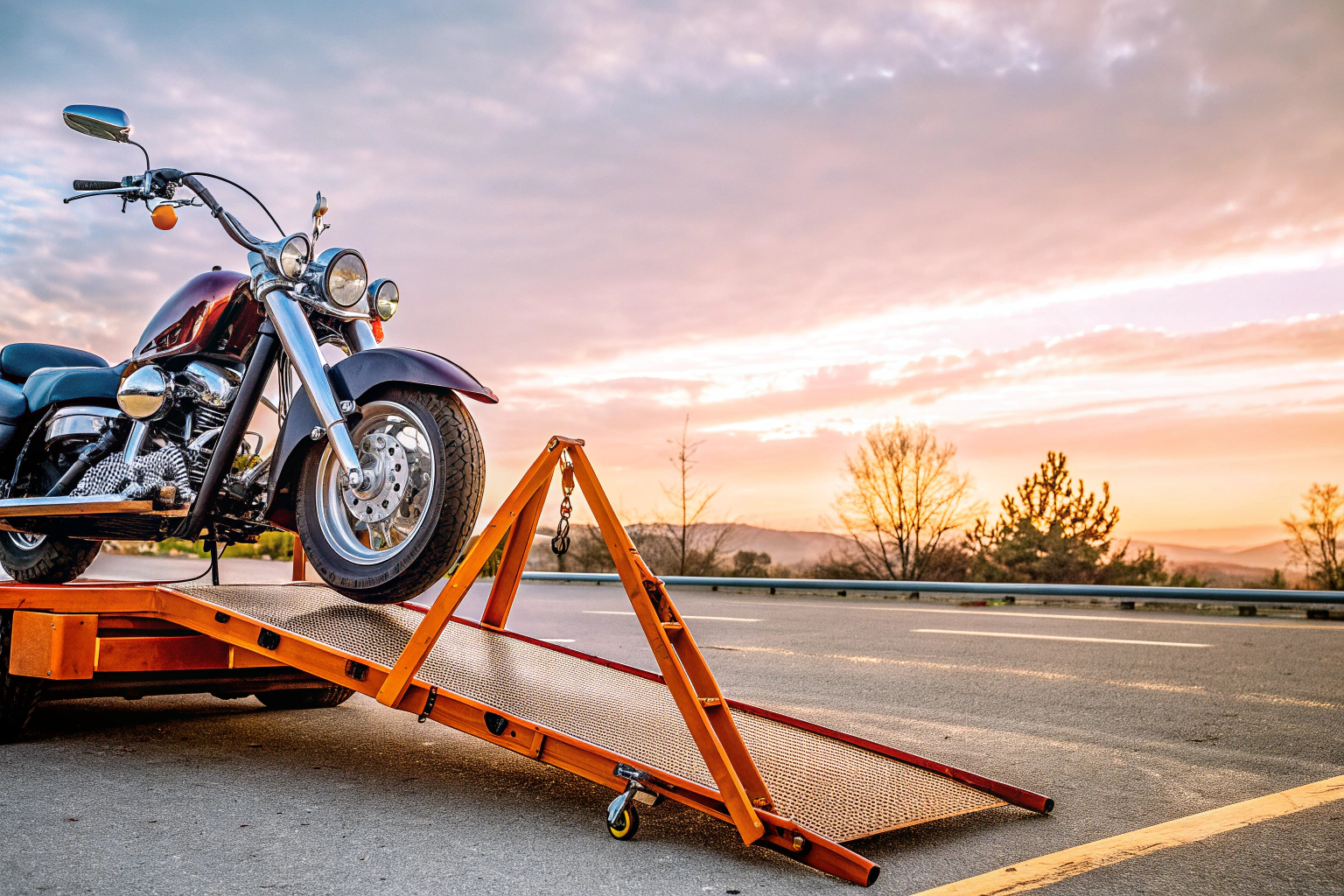 Motorradfahrer beim Verladen eines Motorrads auf einen Anhänger mit Hilfe von Auffahrrampen. Motorradverladung mit Rampen