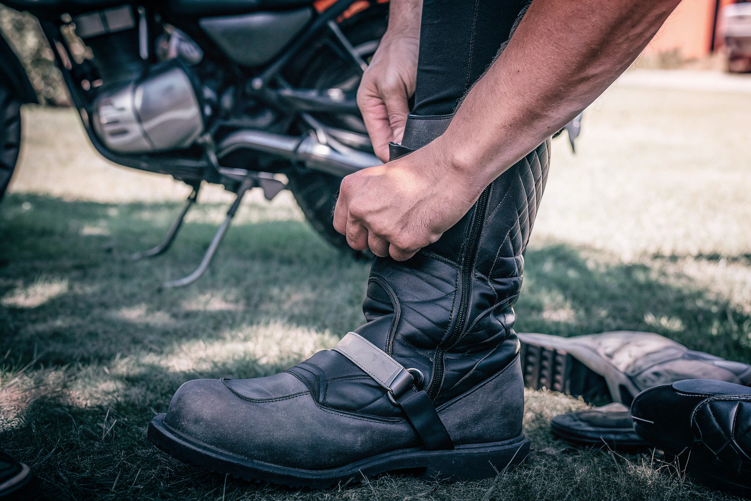 Motorradfahrer, der seine Schuhe mit einem Schuhschutz ausstattet. Motorrad Schuhschutz