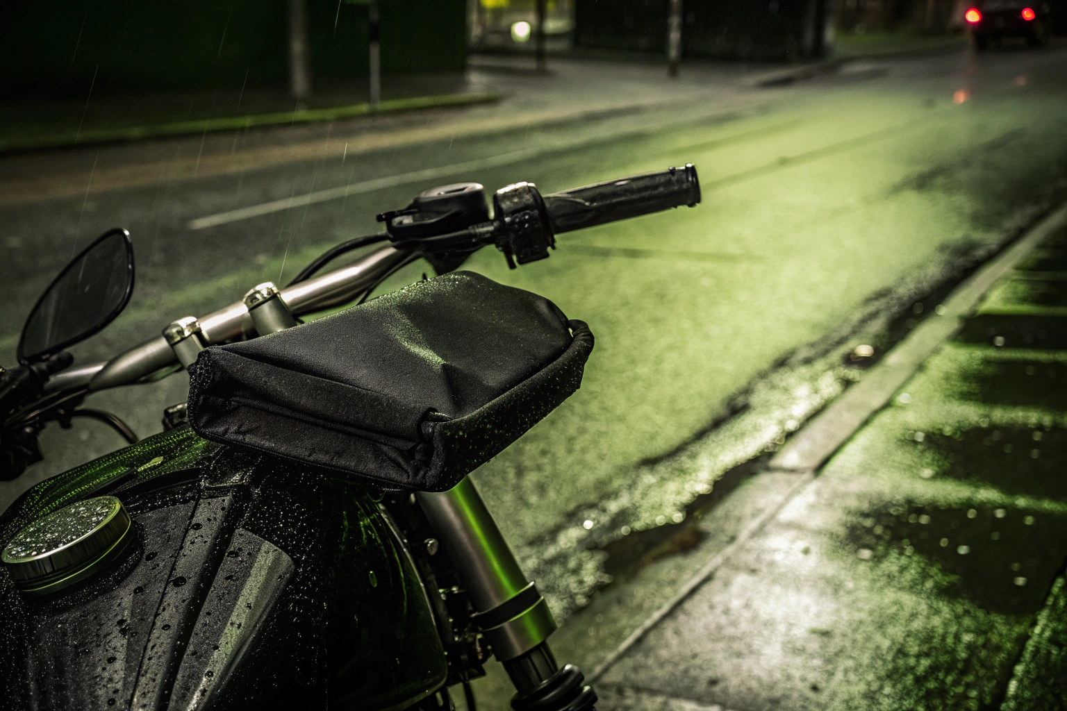 Motorradfahrer im Regen mit einer Shapeheart wetterfesten Hülle. Motorradfahrer mit wetterfester Hülle im Regen