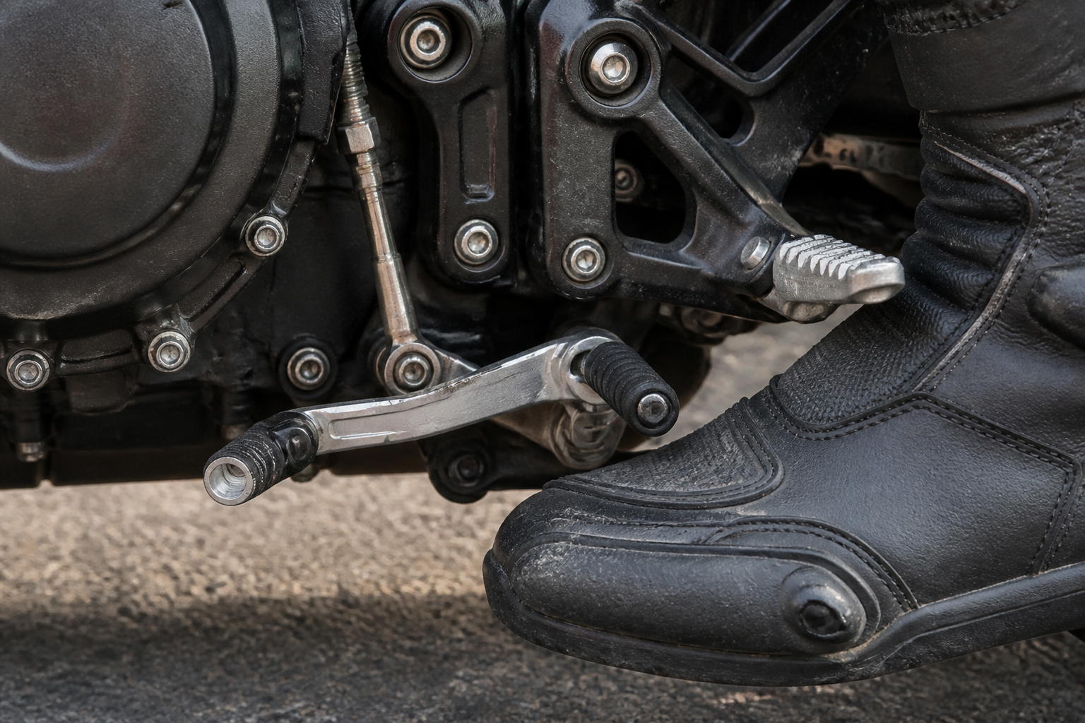 Motorradstiefel und Schalthebel beim Fahren mit Quickshifter
