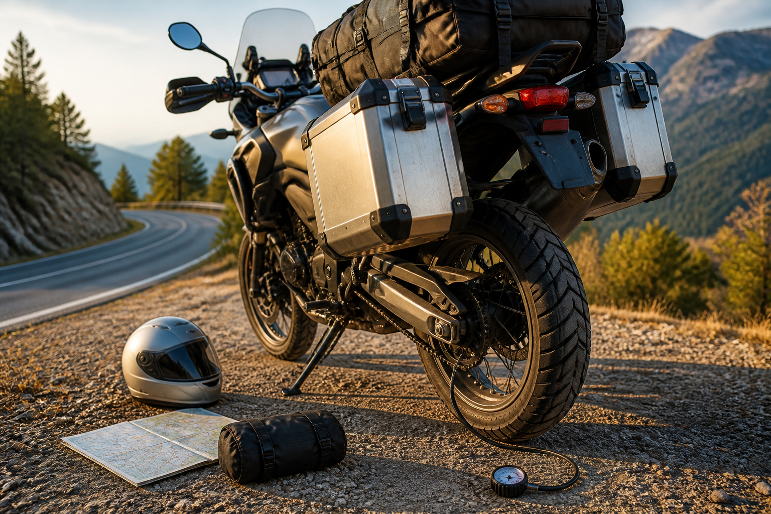 Reifendruckkontrolle am beladenen Motorrad vor der Tour