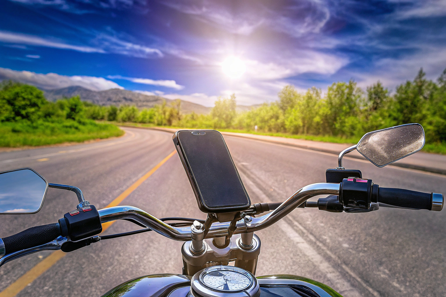 Motorradfahrer mit einer Shapeheart-Telefonhalterung auf einem sonnigen Highway. Motorradfahrer mit Shapeheart-Telefonhalterung