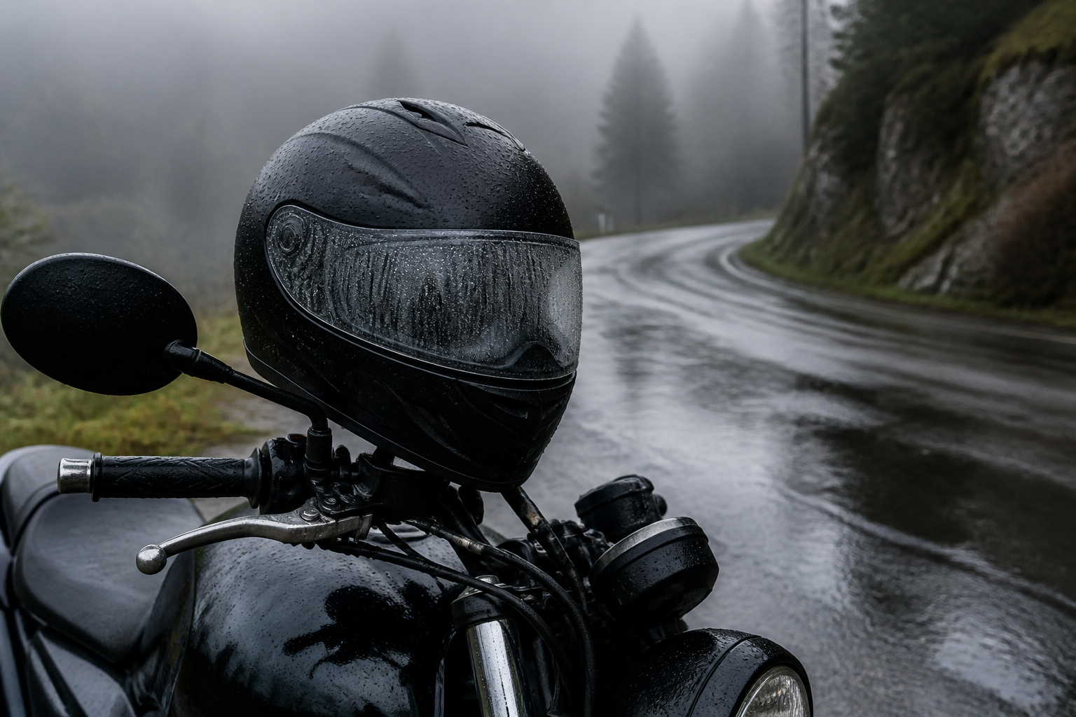 Beschlagenes Motorradvisier bei Regen und kaltem Wetter