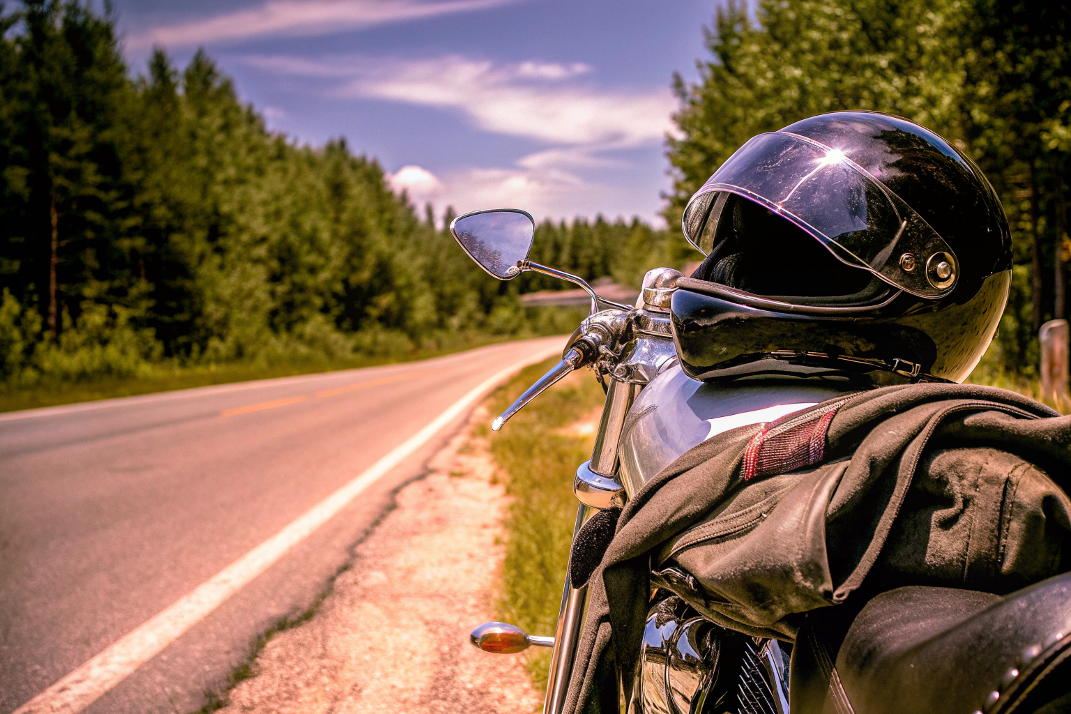 Motorradfahrer mit vollständiger Schutzausrüstung auf einer Landstraße. Motorradausrüstung für Sicherheit