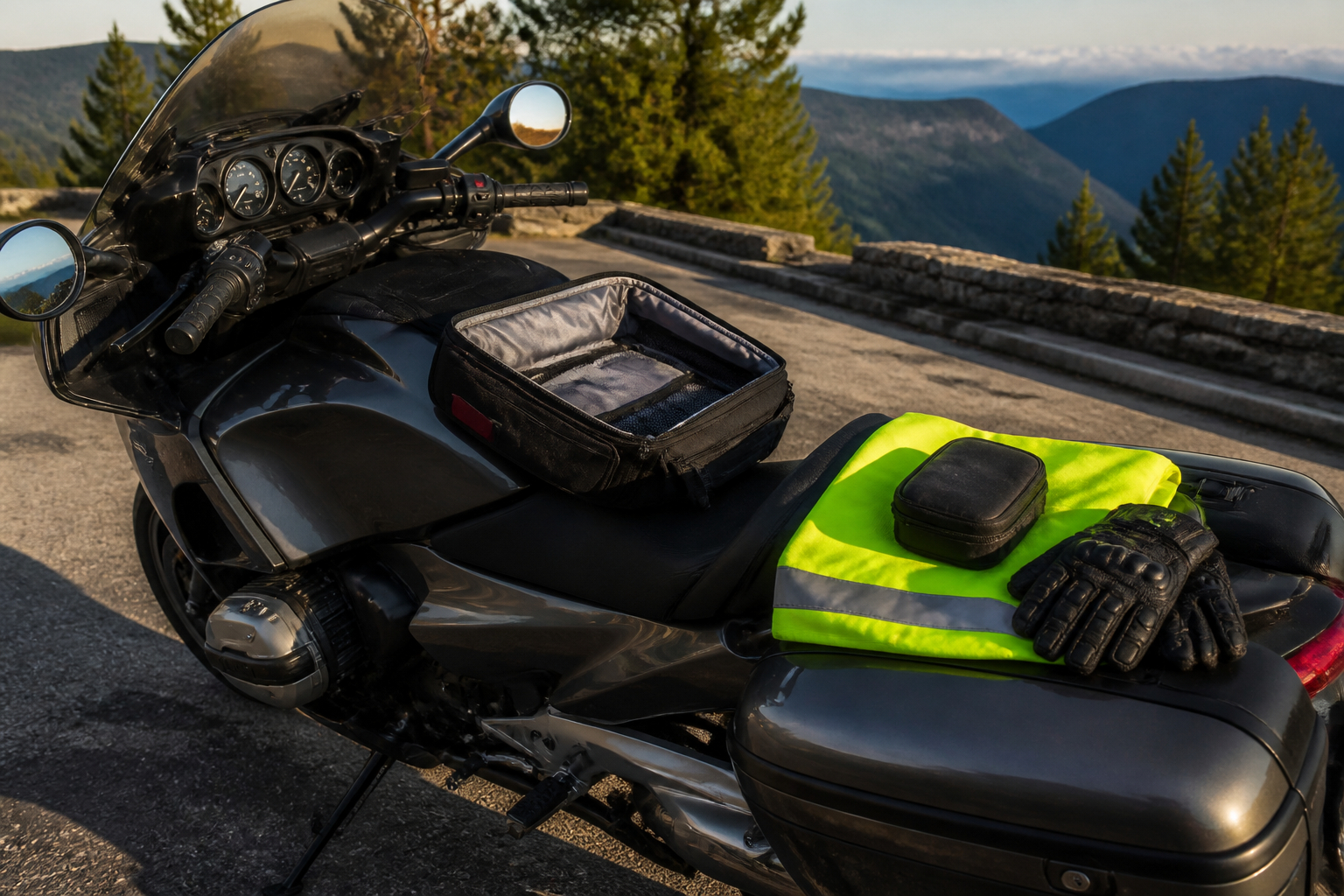 Erste Hilfe Set und Warnweste für Motorradtour
