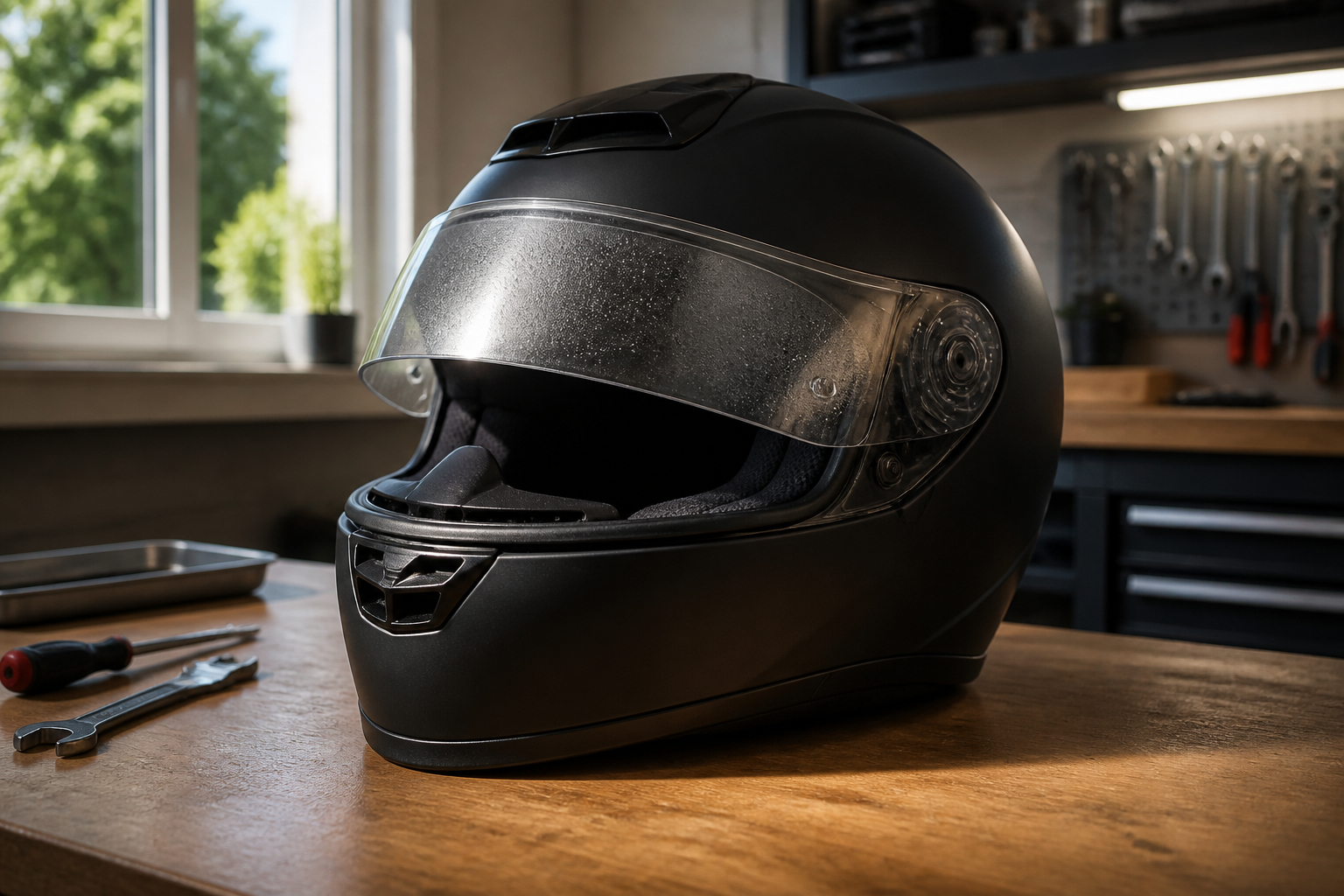 Motorradhelm vor der Fahrt auf Visier und Belüftung prüfen