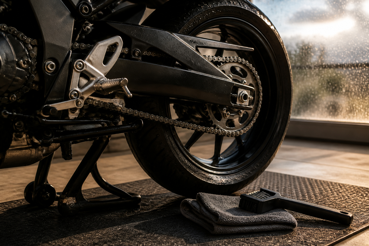 Motorradkette mit Kettenbürste reinigen