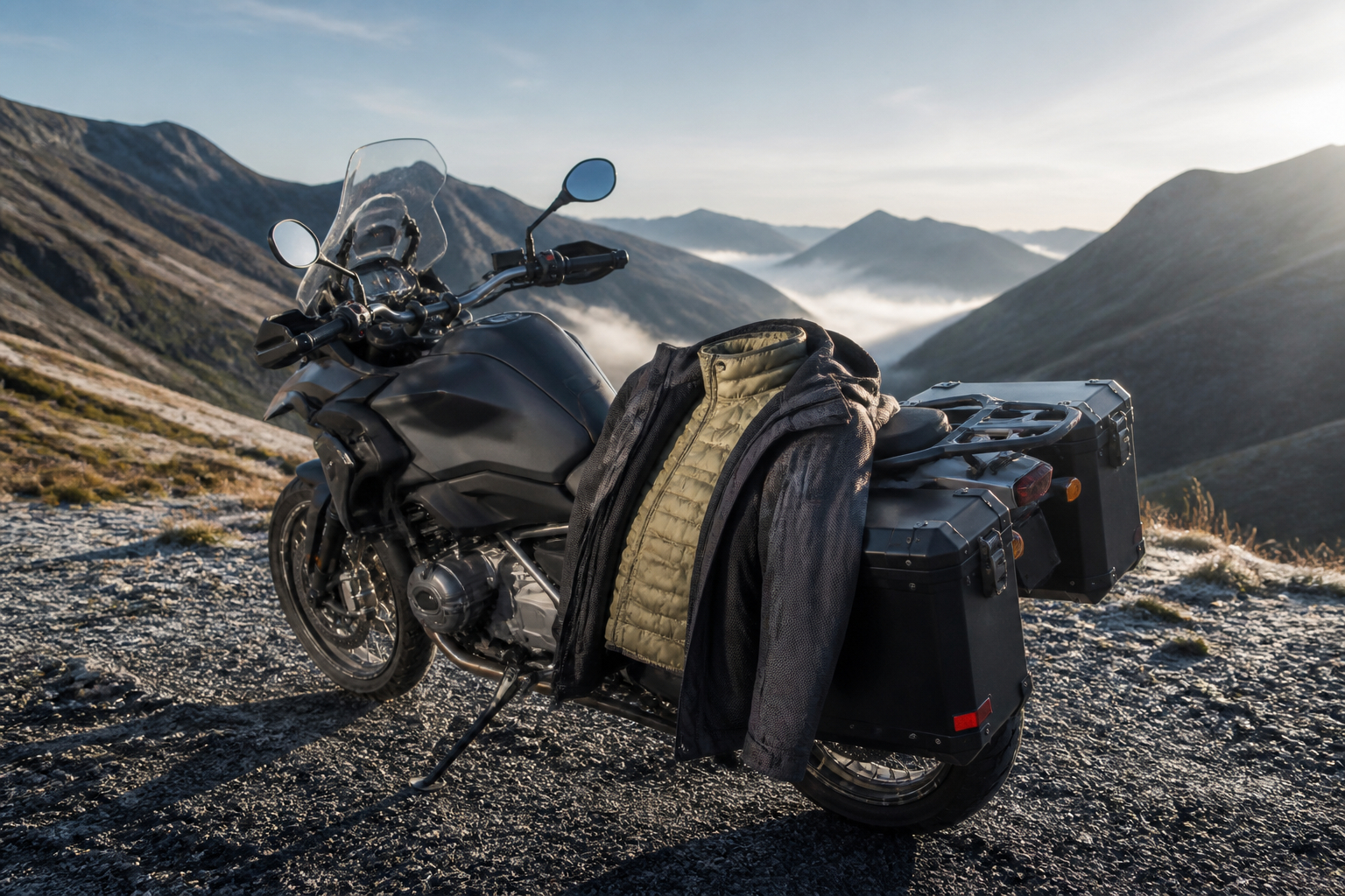 Motorradfahrer passt seine Kleidung am Bergpass an wechselnde Temperaturen an