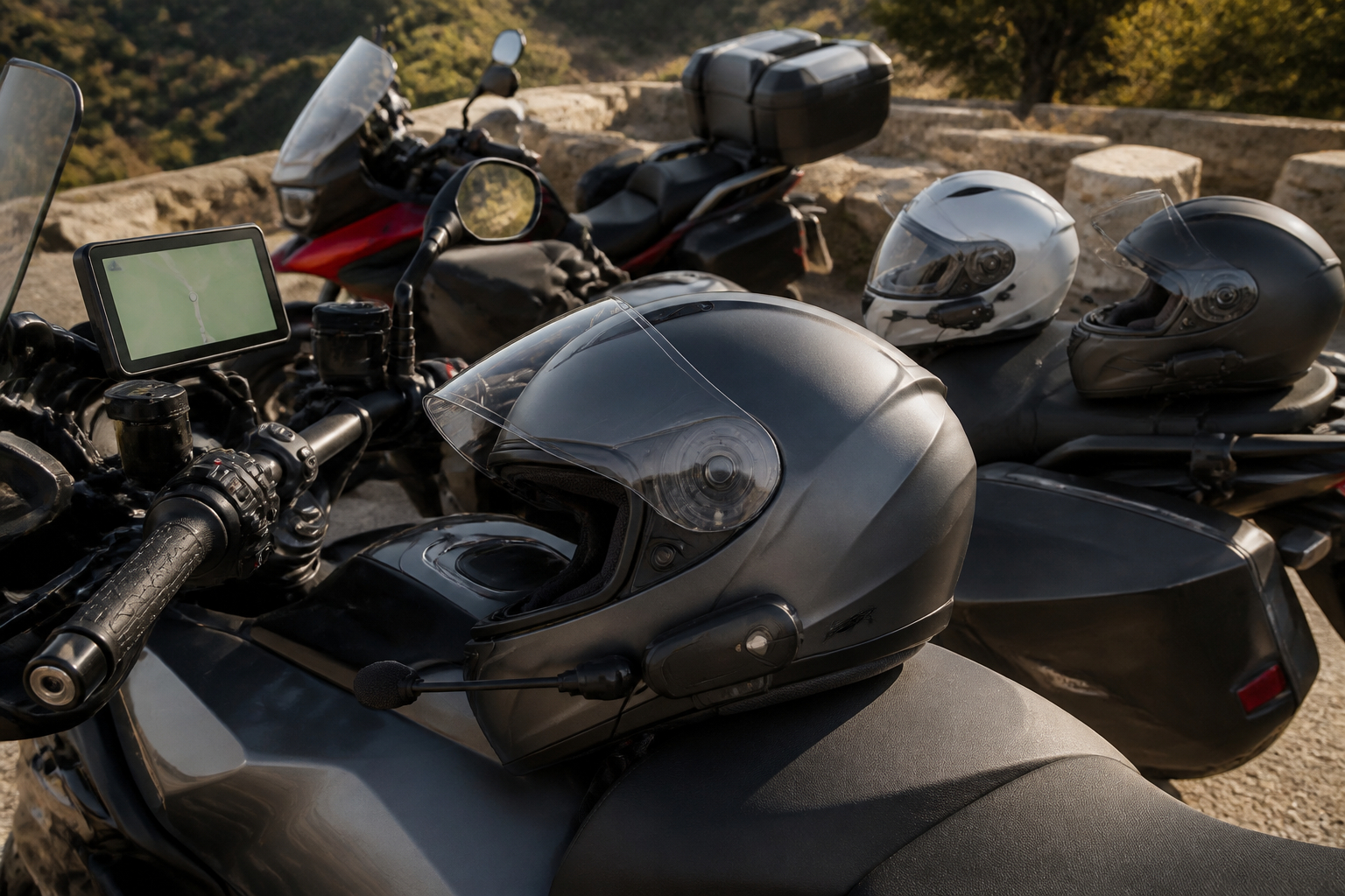 Motorradgruppe beim Tourbriefing und Prüfen der Intercom-Geräte