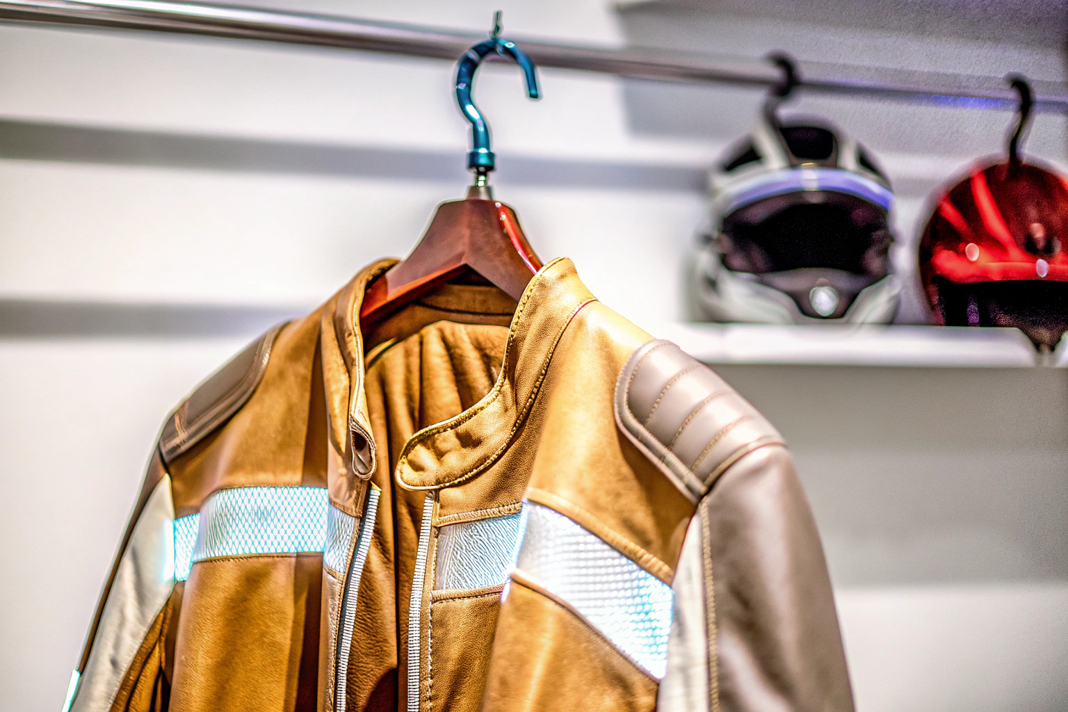 Motorradjacke auf einem Kleiderbügel, die verschiedene Schutzmechanismen zeigt. Motorradjacke mit Protektoren
