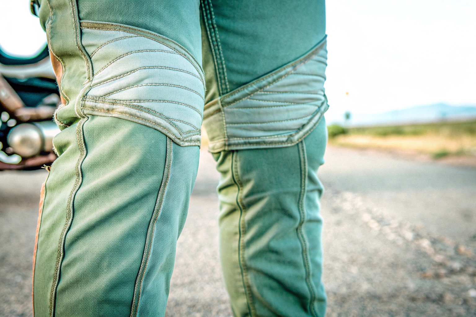 Nahaufnahme der GEBIN Herren Motorradhose, die den Stretch-Denim und die Protektoren zeigt. GEBIN Herren Motorradhose mit Protektoren